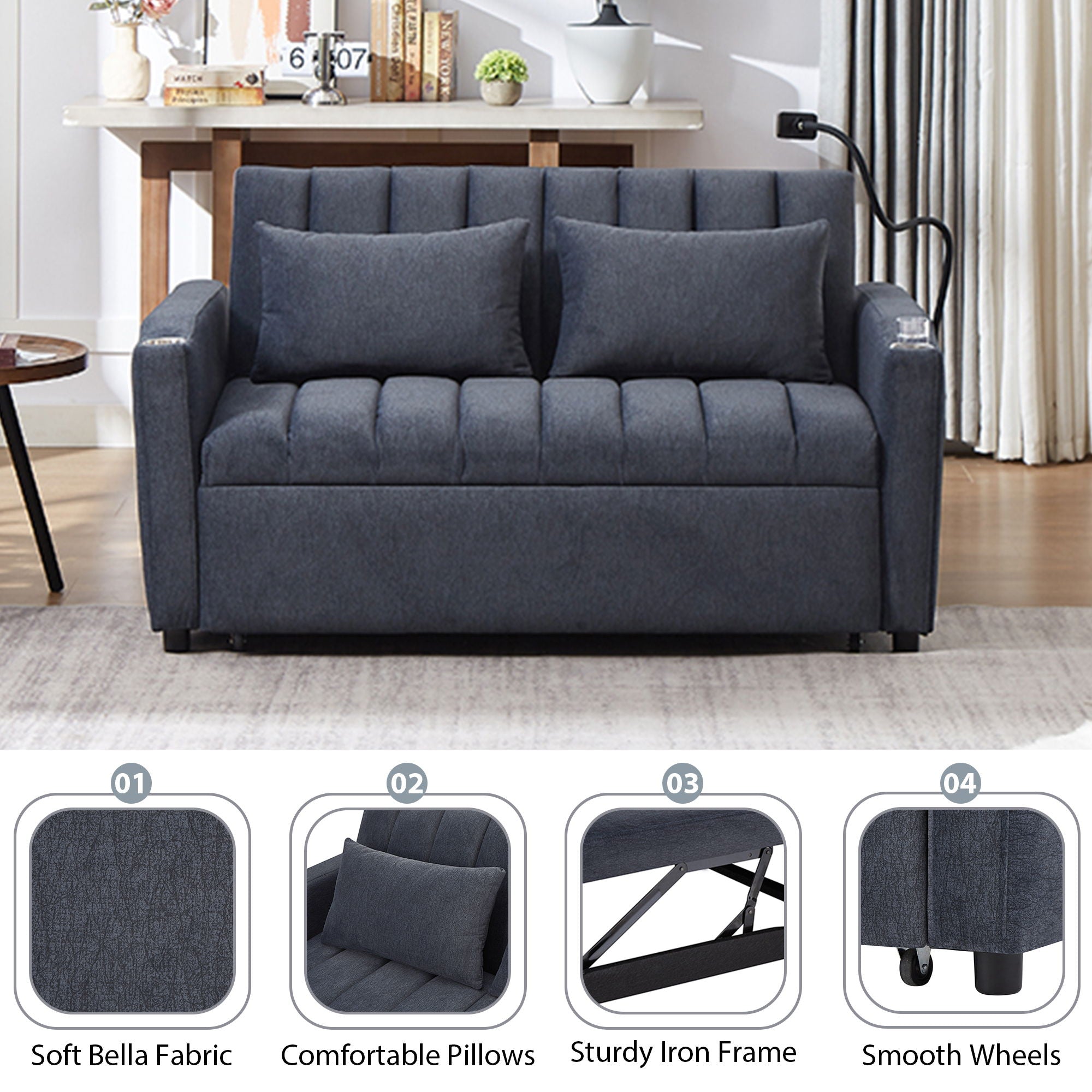 Convertible Sofa Bed Loveseat Sofa With Three USB Ports, Two Side Pockets, Two Cup Holders And 360° swivel Phone Holder For Living Room