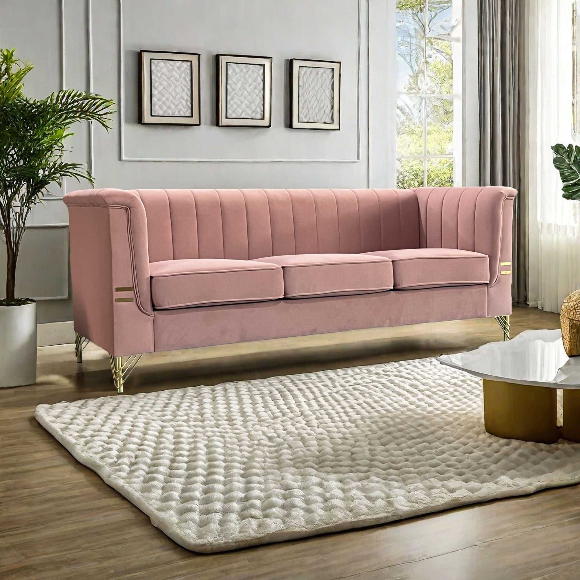 Modern Chenille Sofa, Upholstered Couch With Bolster Armrest, 3-Seat Sofa For Living Room, Bedroom, Office, Apartment, Dorm