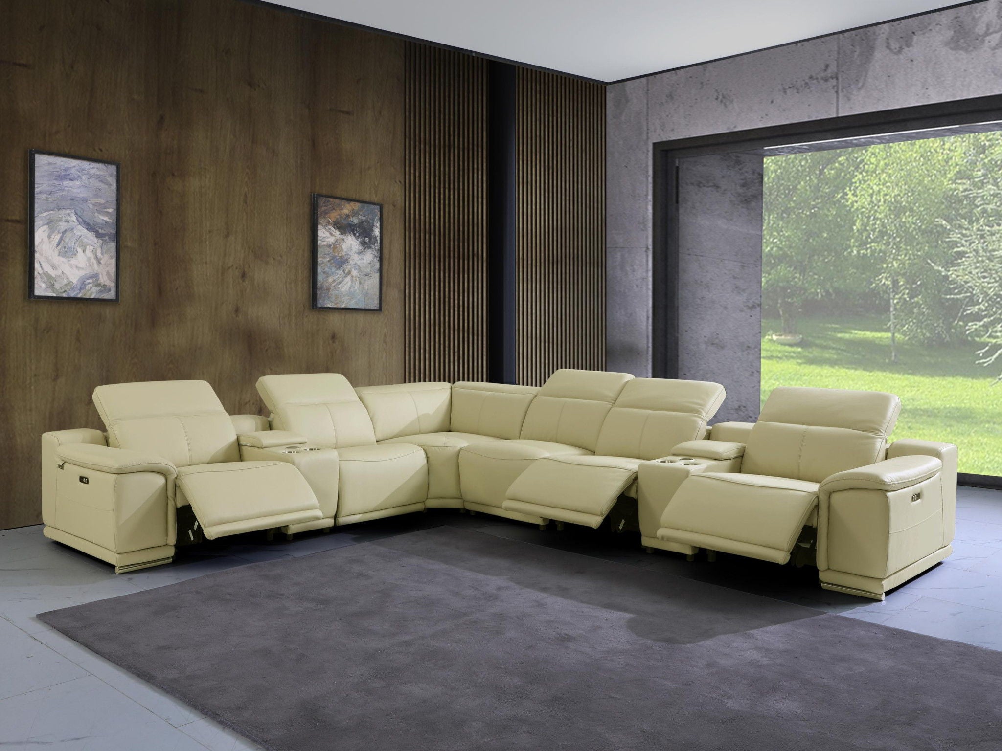 Italian Leather Power Reclining U Shaped Eight Piece Corner Sectional With Console - Beige