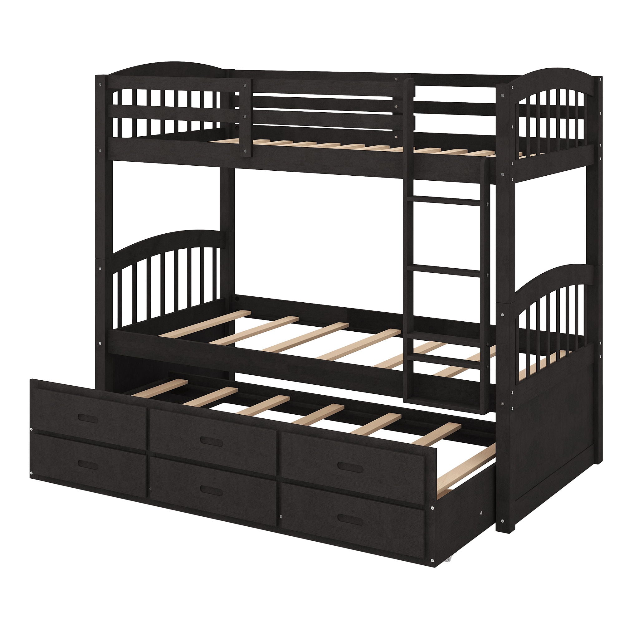 Twin Over Twin Wood Bunk Bed With Trundle And Drawers - Espresso