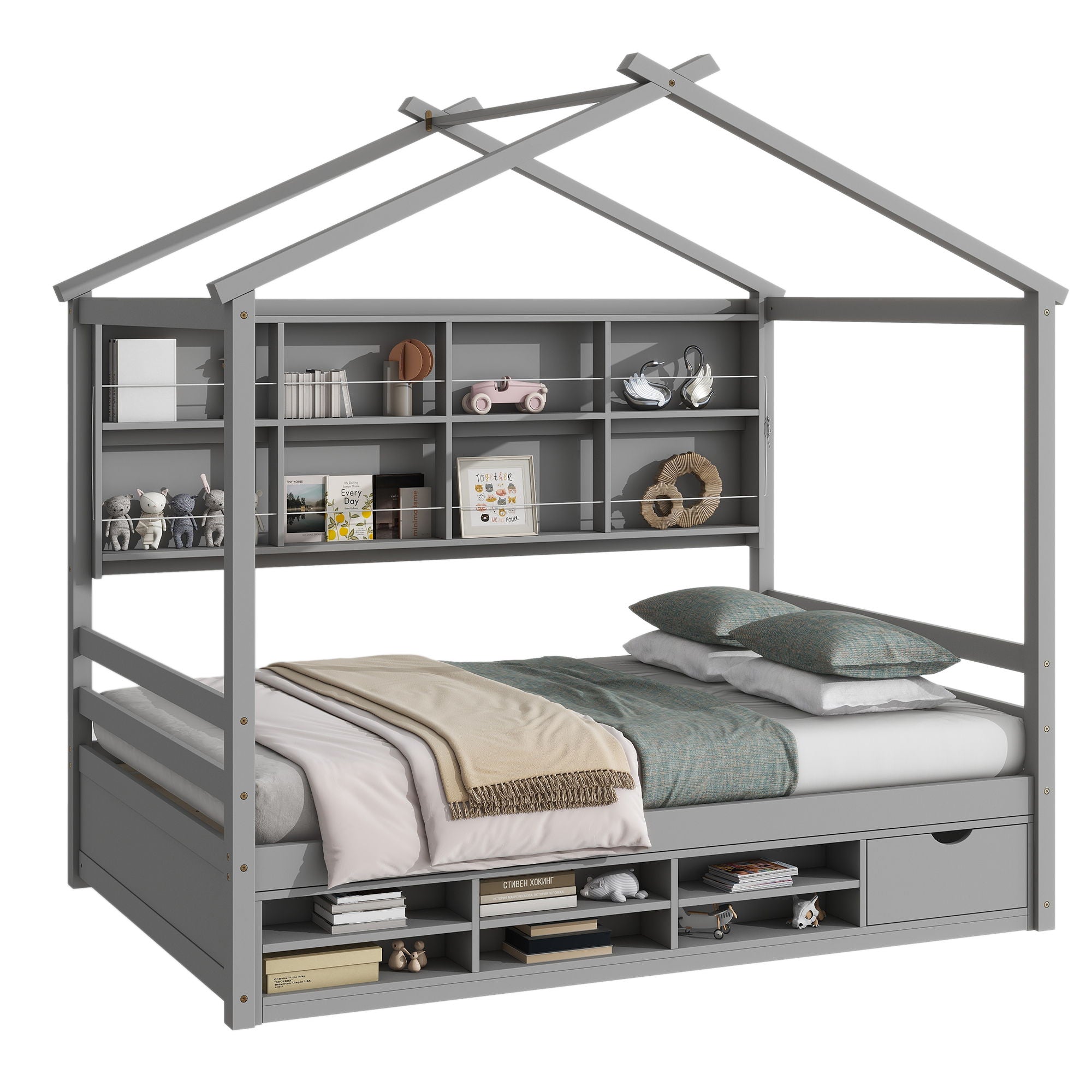 House Bed With Roof Frame, Bedside-Shelves, Under Bed Storage Unit