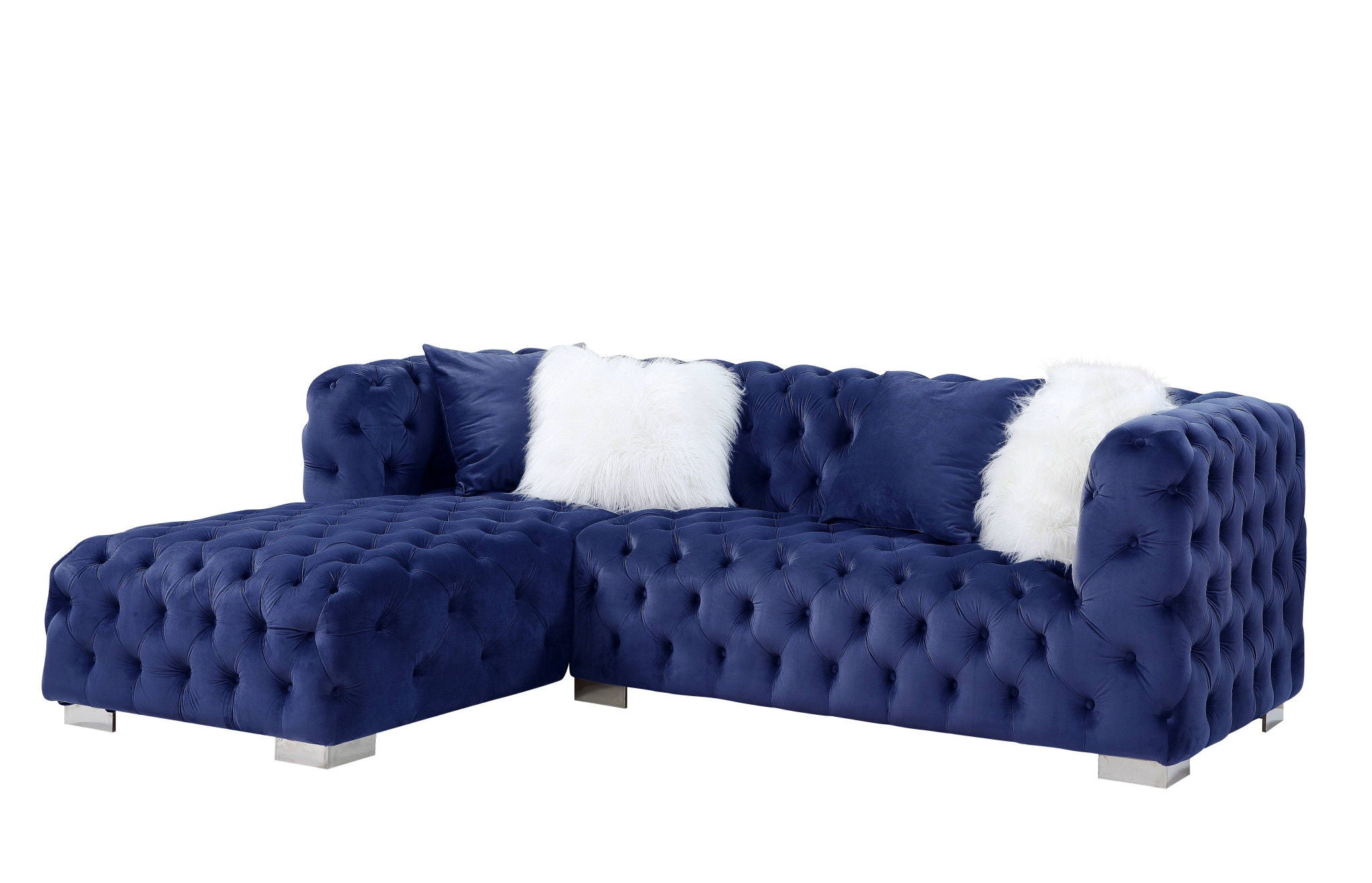 Velvet L Shaped Two Piece Sofa And Chaise Sectional And Toss Pillows - Blue