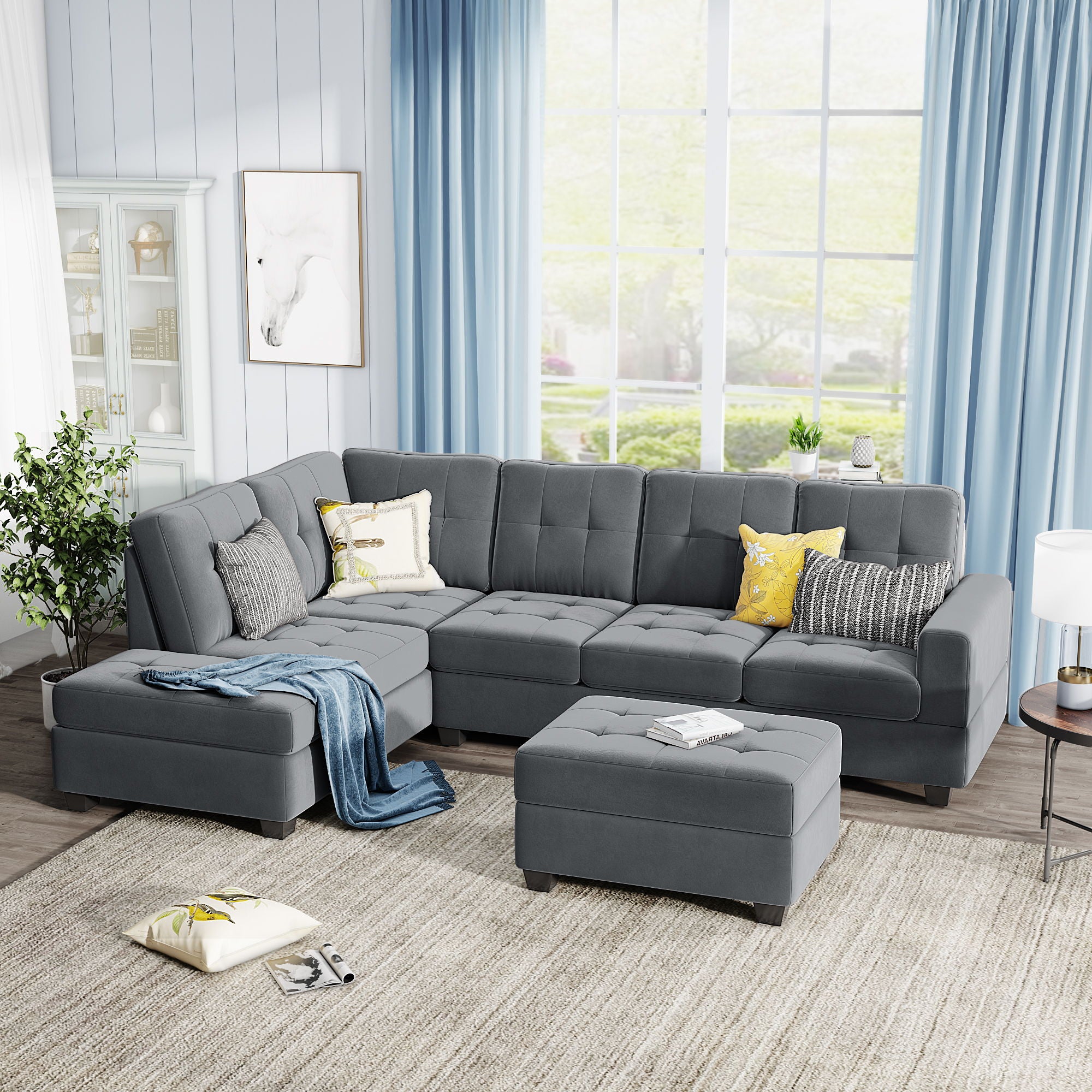 Sectional Sofa With Reversible Chaise Lounge, L-Shaped Couch With Storage Ottoman And Cup Holders