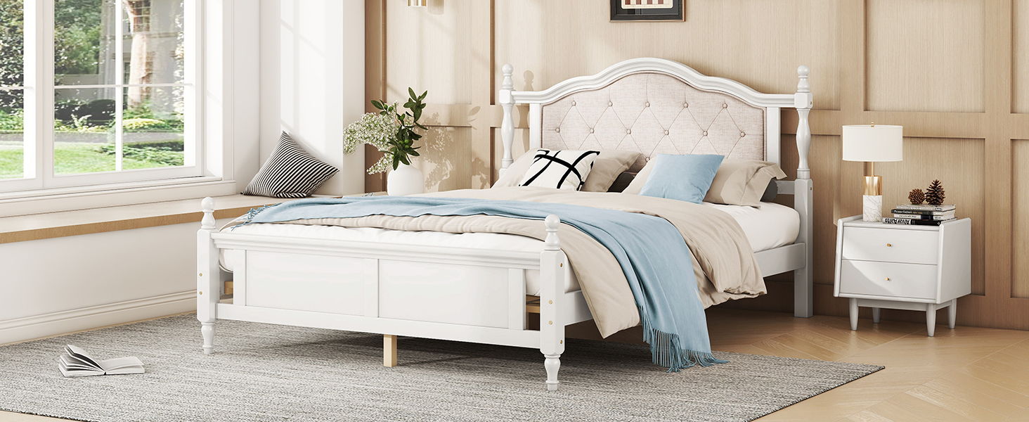 Pine Wooden Bed With Upholstered Headboard And Panel Footboard, With Two Bed Rail Support Feet And Central Platform Support Feet