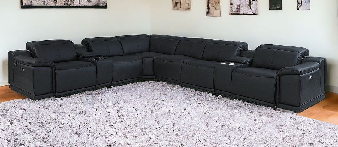 Italian Leather Power Reclining U Shaped Eight Piece Corner Sectional With Console - Black