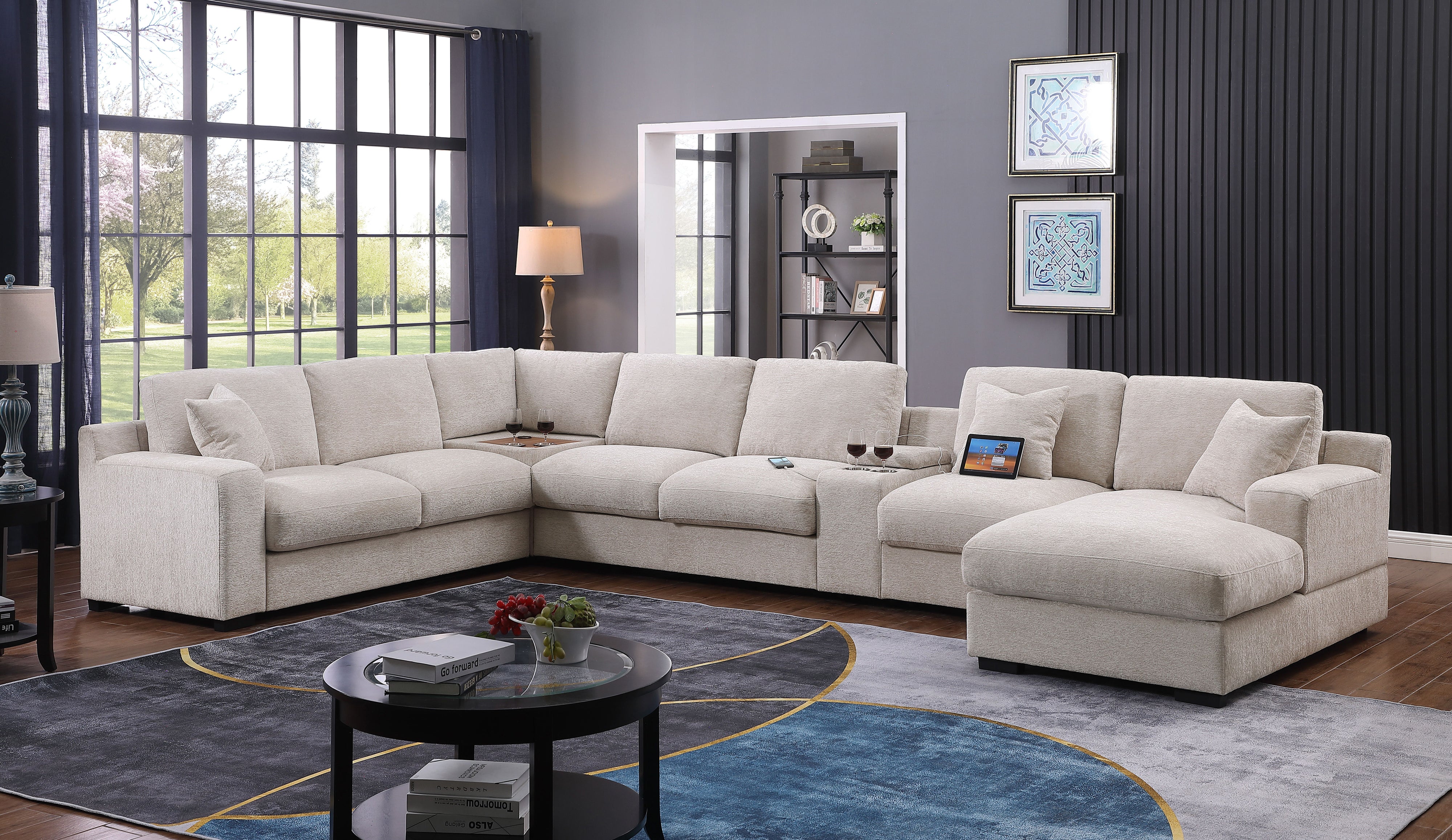 Celine - Chenille Fabric Corner Sectional Sofa With Right-Facing Chaise, Cupholders, And Charging Ports