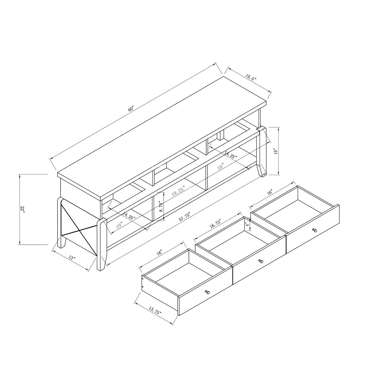 Modern TV Stand With Three Open Shelves And Three Drawers - White