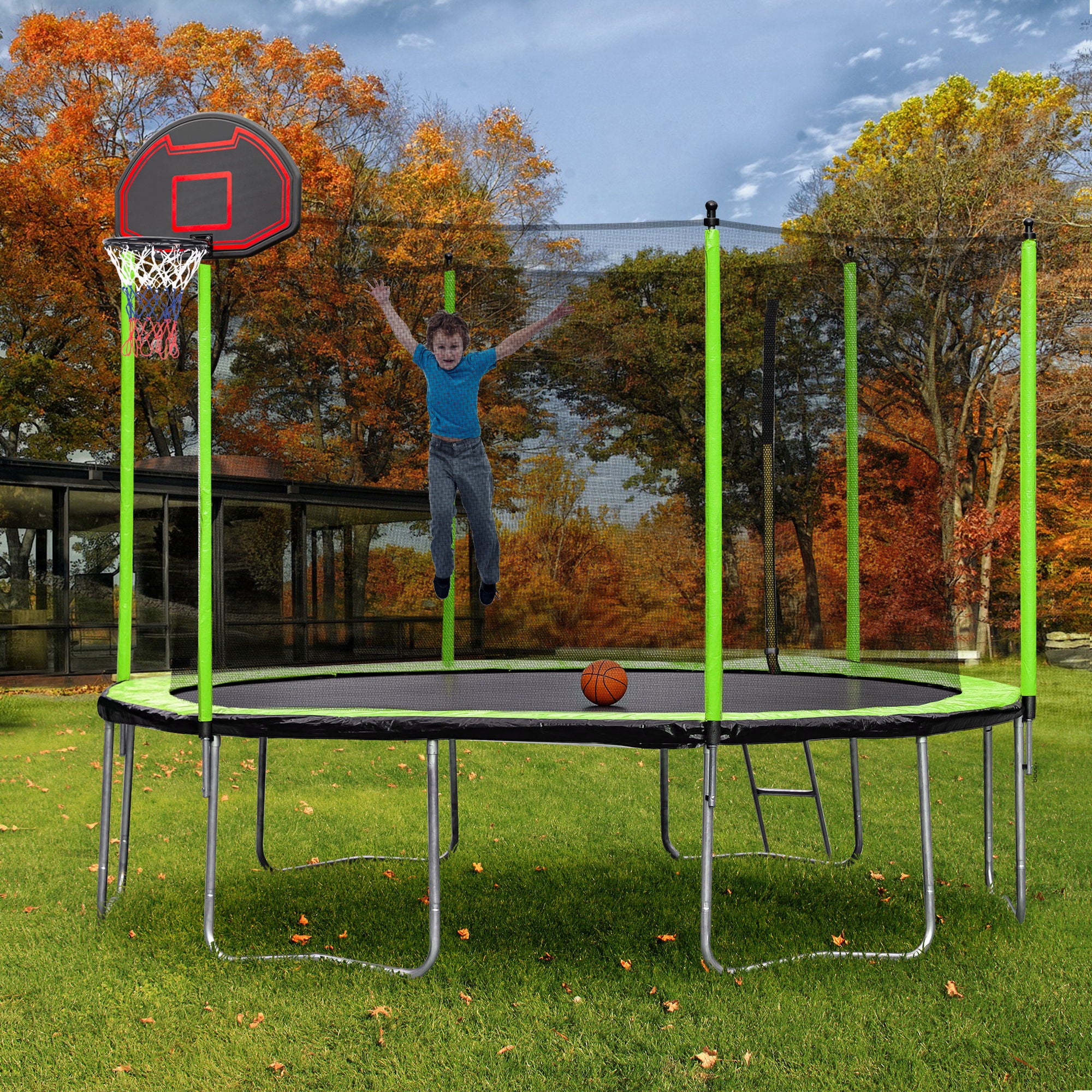 14Ft Trampoline With Basketball Hoop Inflator And Ladder (Inner Safety Enclosure) - Green