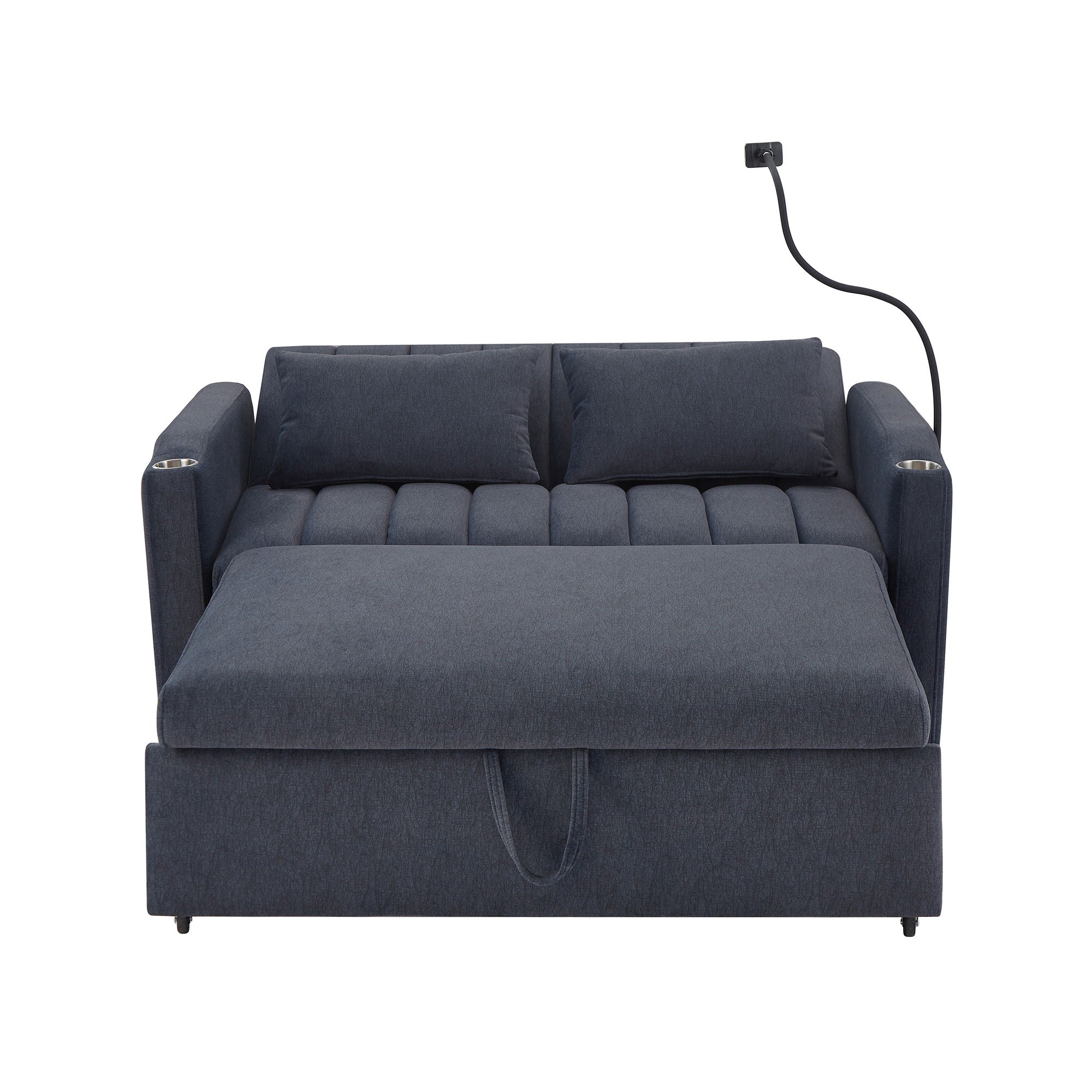 Convertible Sofa Bed Loveseat Sofa With Three USB Ports, Two Side Pockets, Two Cup Holders And 360° swivel Phone Holder For Living Room