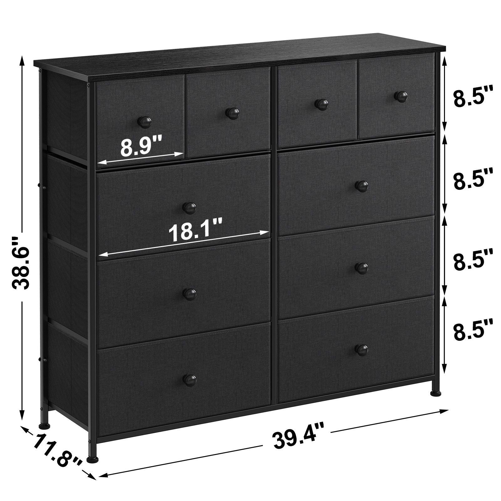 Ten Drawer Fabric Dresser - Black / Gray