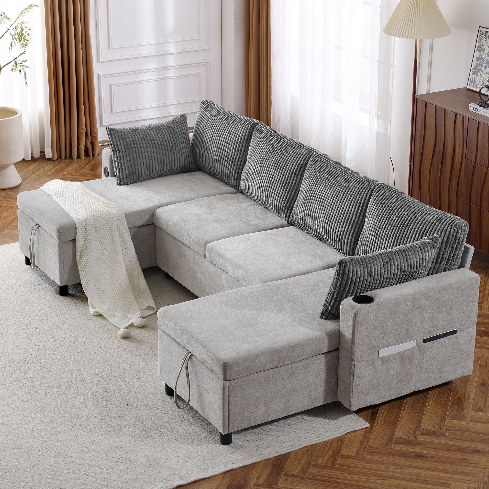 Sectional Sofa Pull Out Sofa Bed Versatile Sofa Sleeper With Large Storage Space, Two USB Ports And Two Cup Holders For Living Room