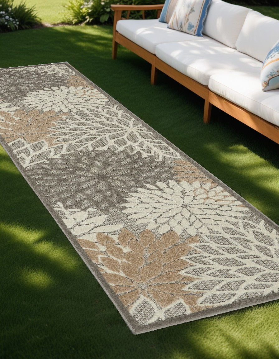 2' X 10' Floral Indoor & Outdoor Area Rug - Gray / Ivory