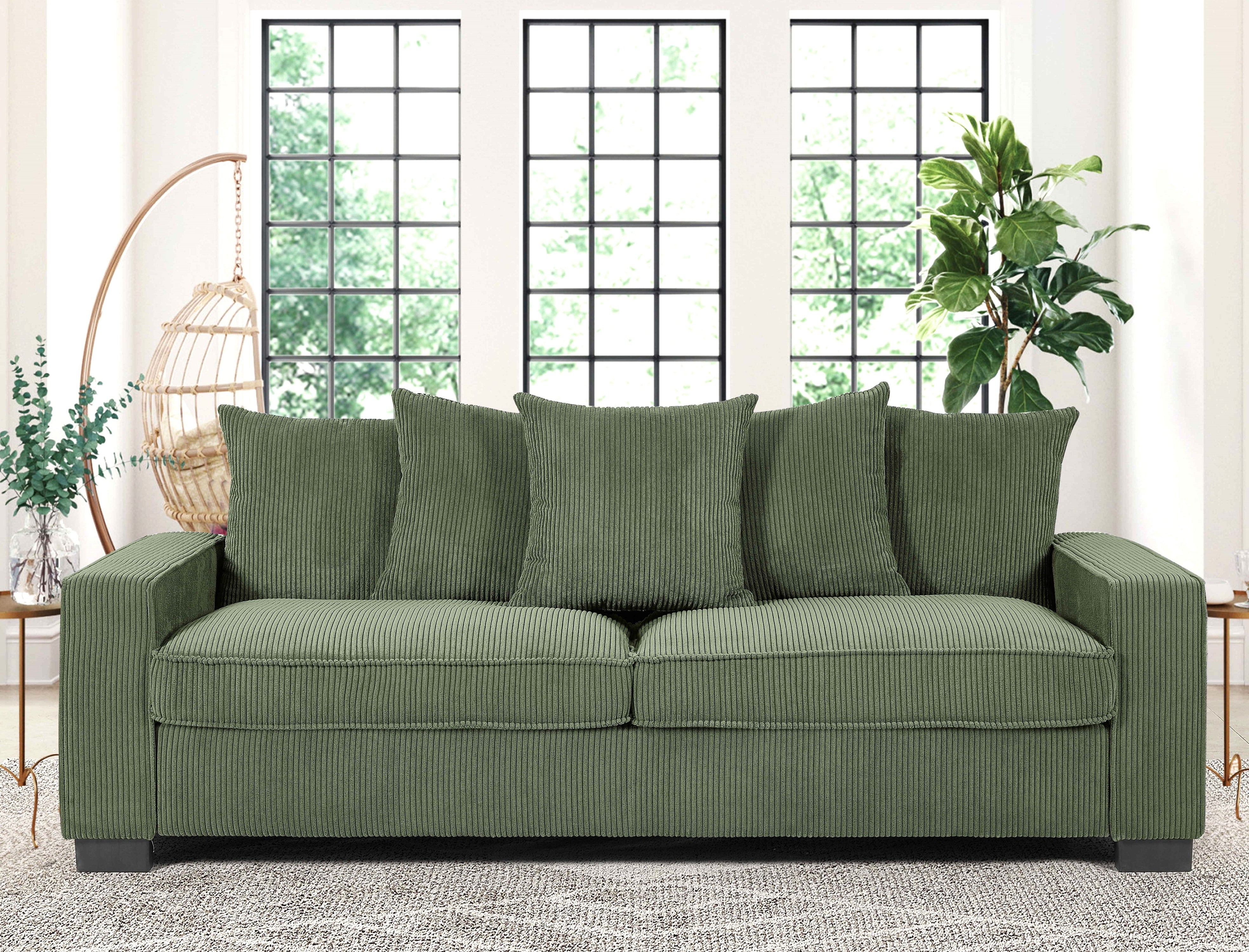 Luxe Corduroy Sofa With 5 Matching Toss Pillows, Sleek Design, Spacious And Comfortable 3 Seater Couch