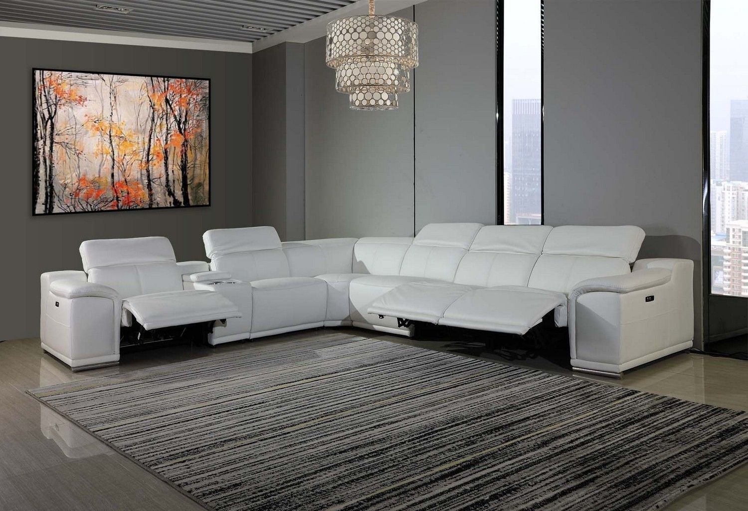 Italian Leather Power Reclining With Console U Shaped Seven Piece Corner Sectional - White