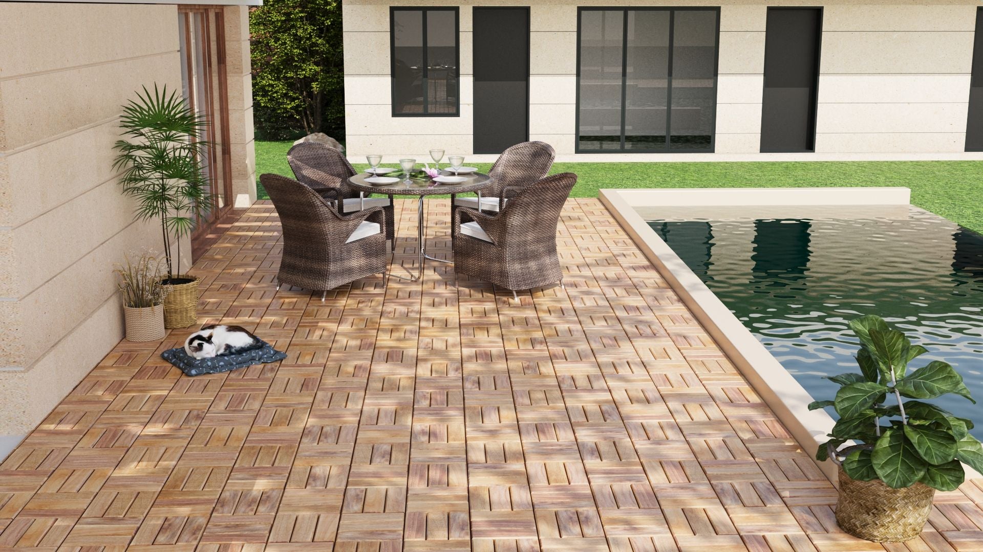 Interlocking Deck Tiles Striped Pattern, Square Acacia Hardwood Outdoor Flooring For Patio, Bancony, Pool Side