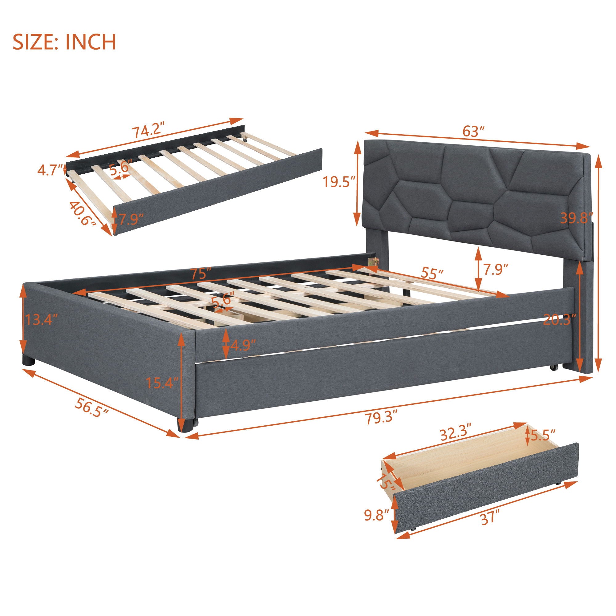 Full Size Upholstered Platform Bed With Brick Pattern Headboard, With Twin Size Trundle And 2 Drawers, Linen