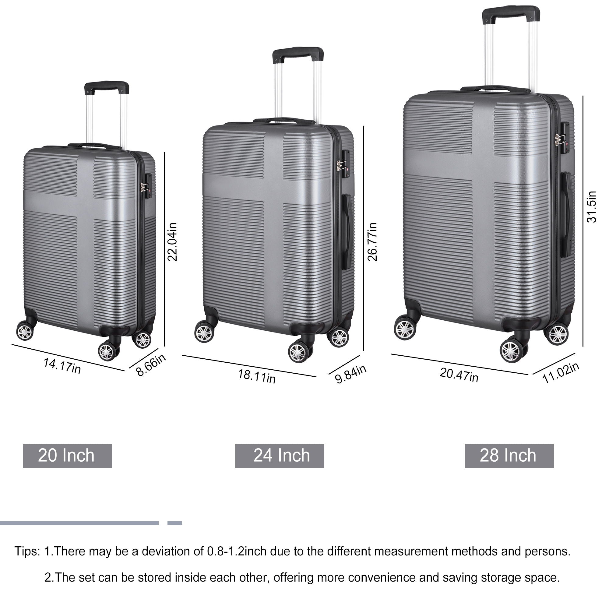 3 Piece Luggage With Tsa Lock Abs, Durable Luggage Set, Lightweight Suitcase With Hooks, Spinner Wheels Cross Stripe Luggage Sets