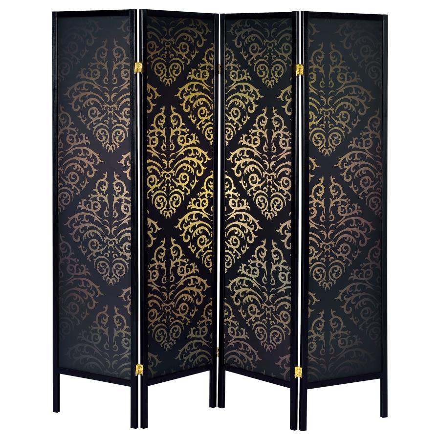 Haidera - 4-Panel Room Divider Folding Screen - Black Damask by CoasterEveryday | Bel Furniture