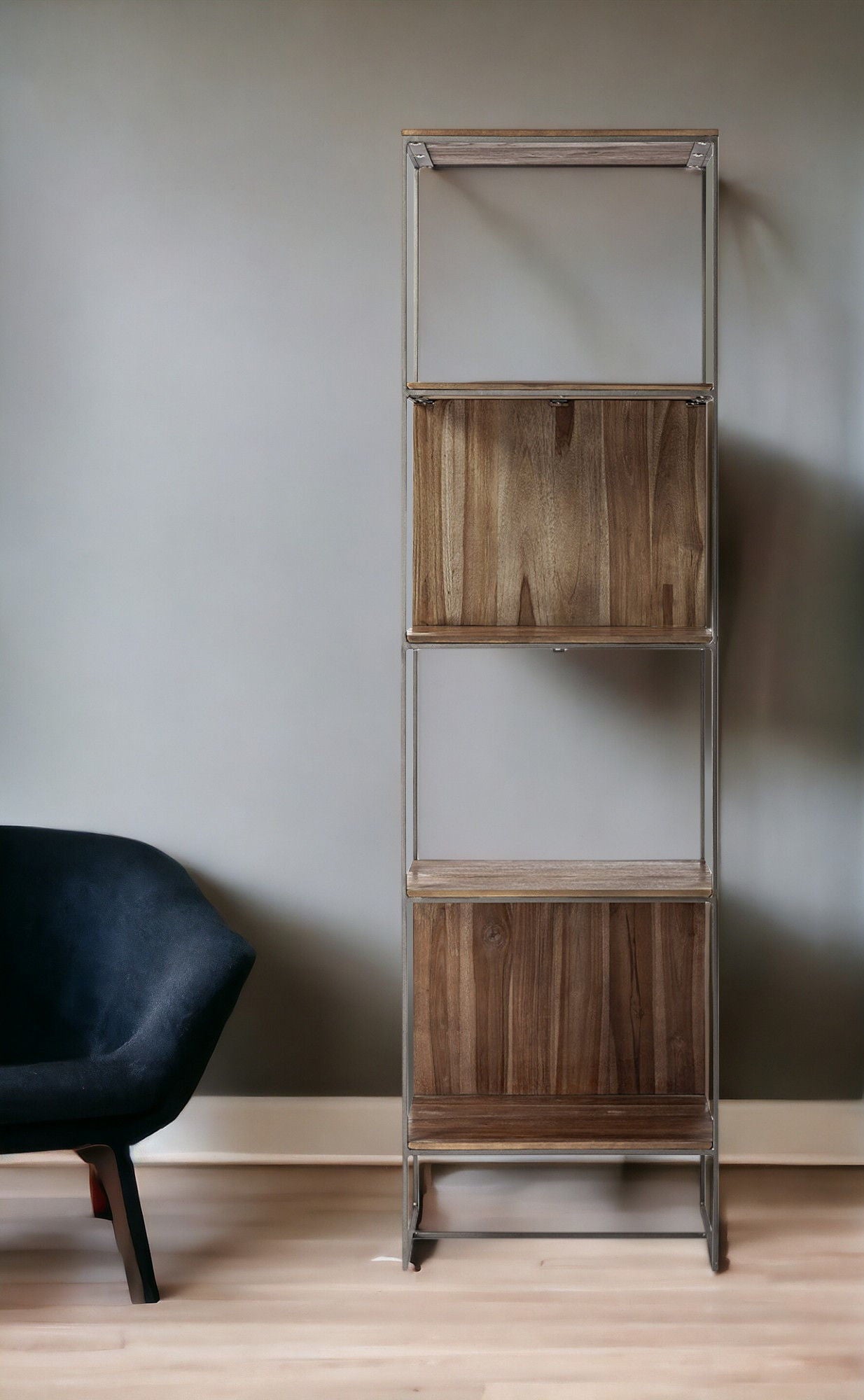 Wood And Silver Metal Frame With 4 Shelf Shelving Unit - Brown