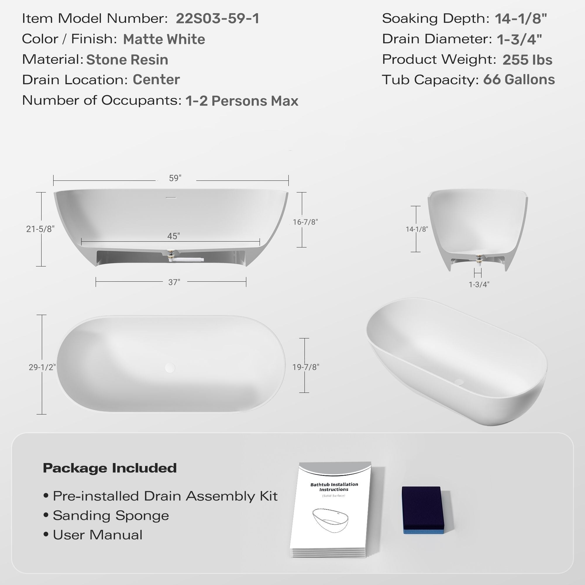 59" Freestanding Solid Surface Bathtub, Luxury Engineered Stone Resin Freestanding Soaking Bathtub With Overflow And Pop-Up Drain Cupc Certified 22S03-59-1 - Matte White