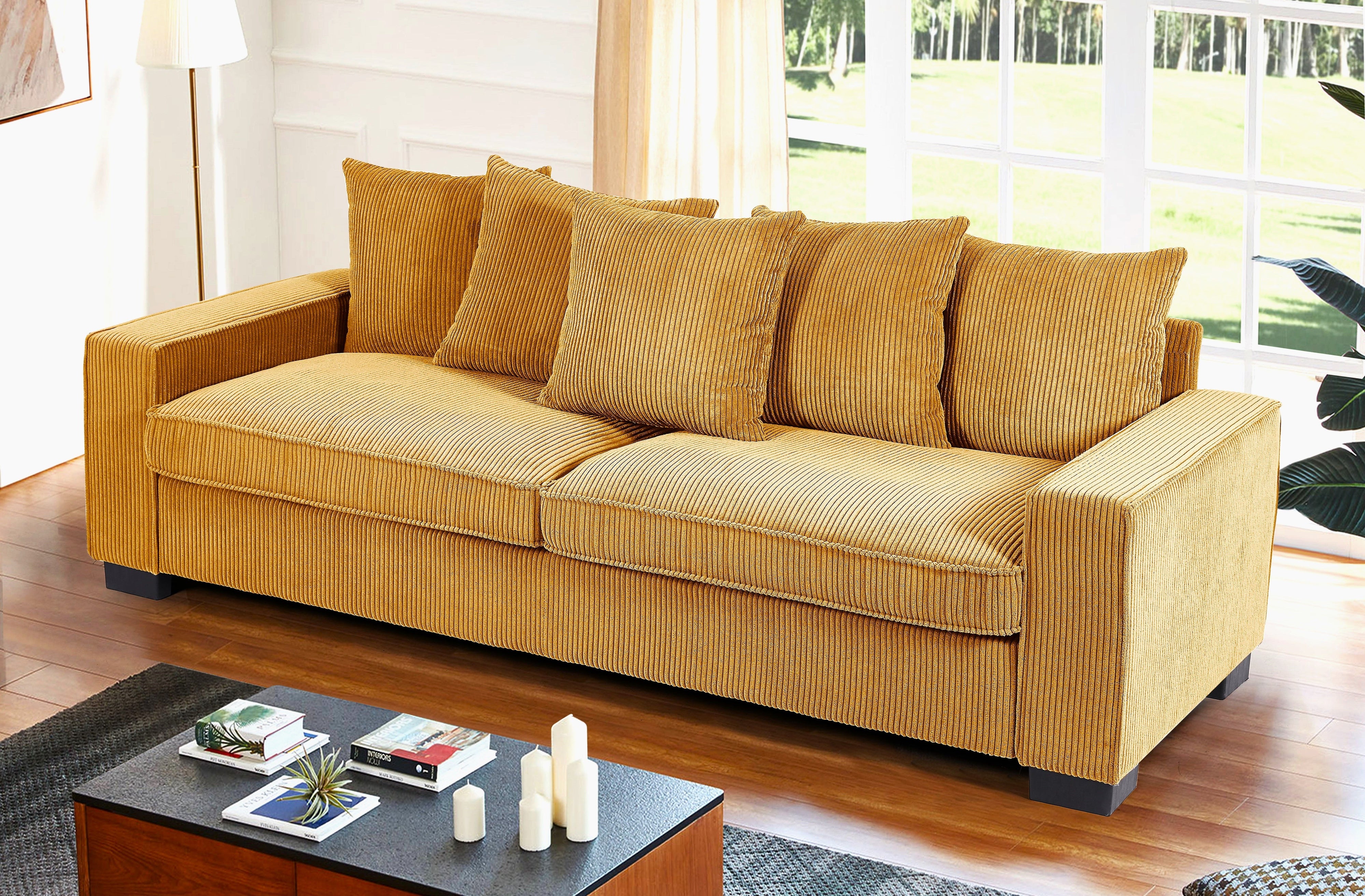 Luxe Corduroy Sofa With 5 Matching Toss Pillows, Sleek Design, Spacious And Comfortable 3 Seater Couch