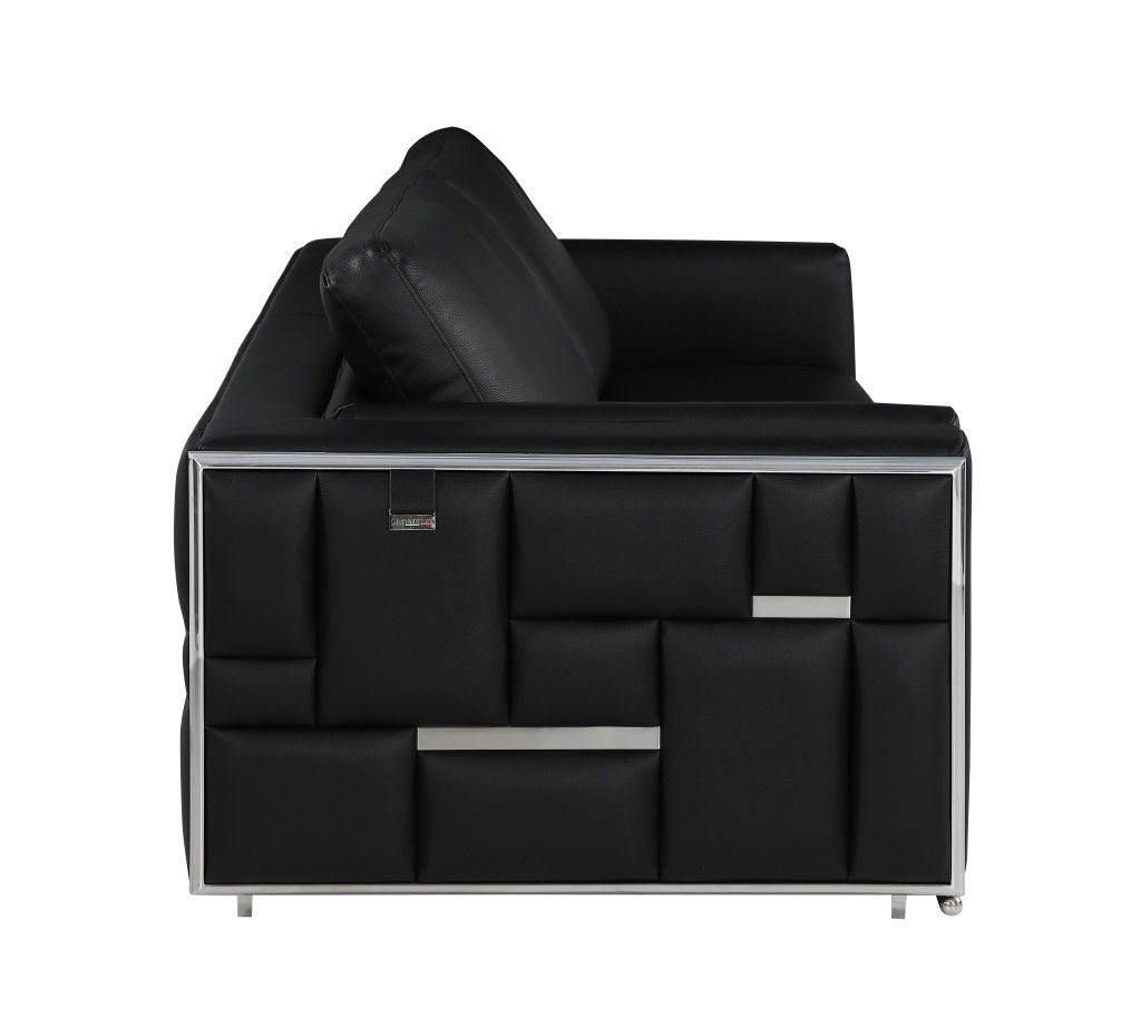 Italian Leather Sofa With Silver Legs - Black