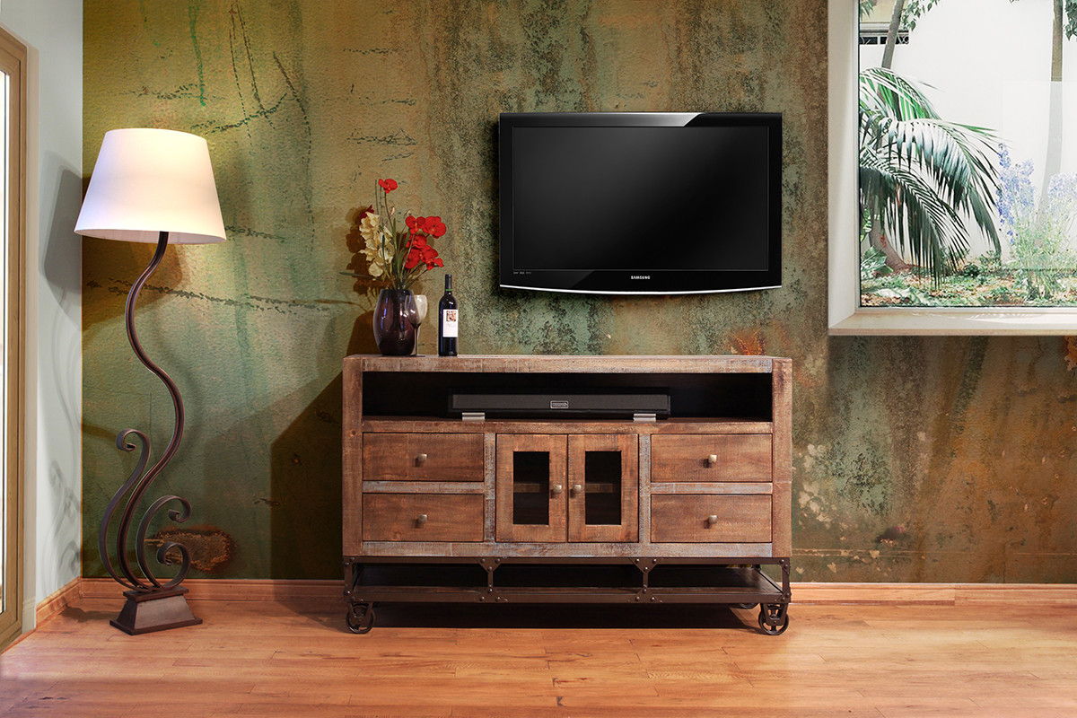 Cabinet Enclosed Storage Distressed, TV Stand - Brown