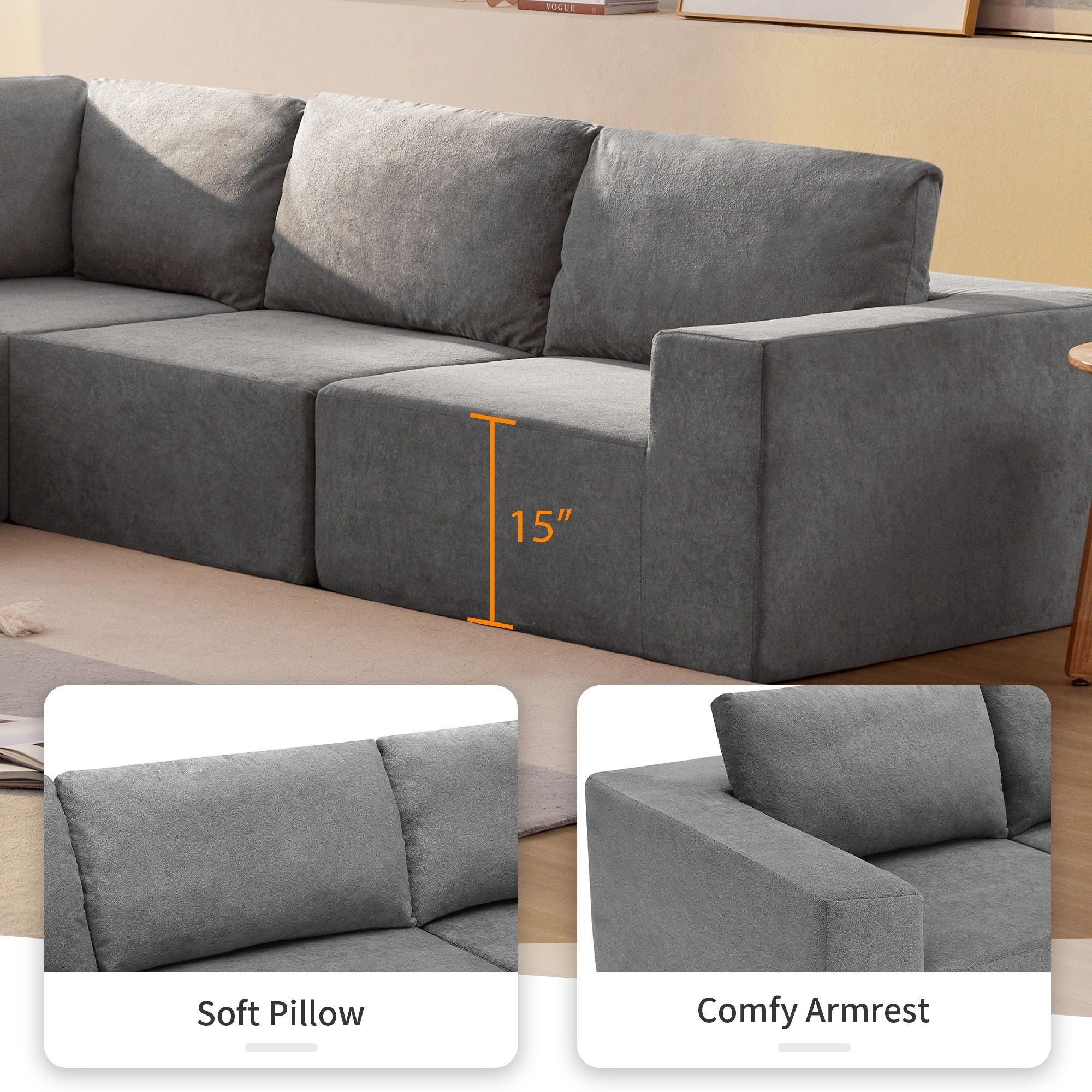 Modular L Shaped Sectional Sofa, Luxury Floor Couch Set, Upholstered Indoor Furniture, Foam - Filled Sleeper Sofa Bed For Living Room, Bedroom, 5 Pieces Free Combination