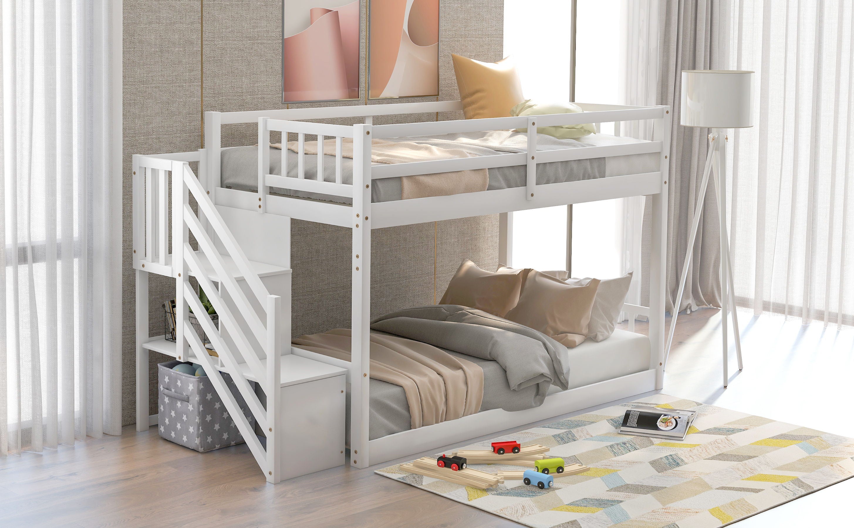 Twin Over Twin Floor Bunk Bed, Ladder With Storage