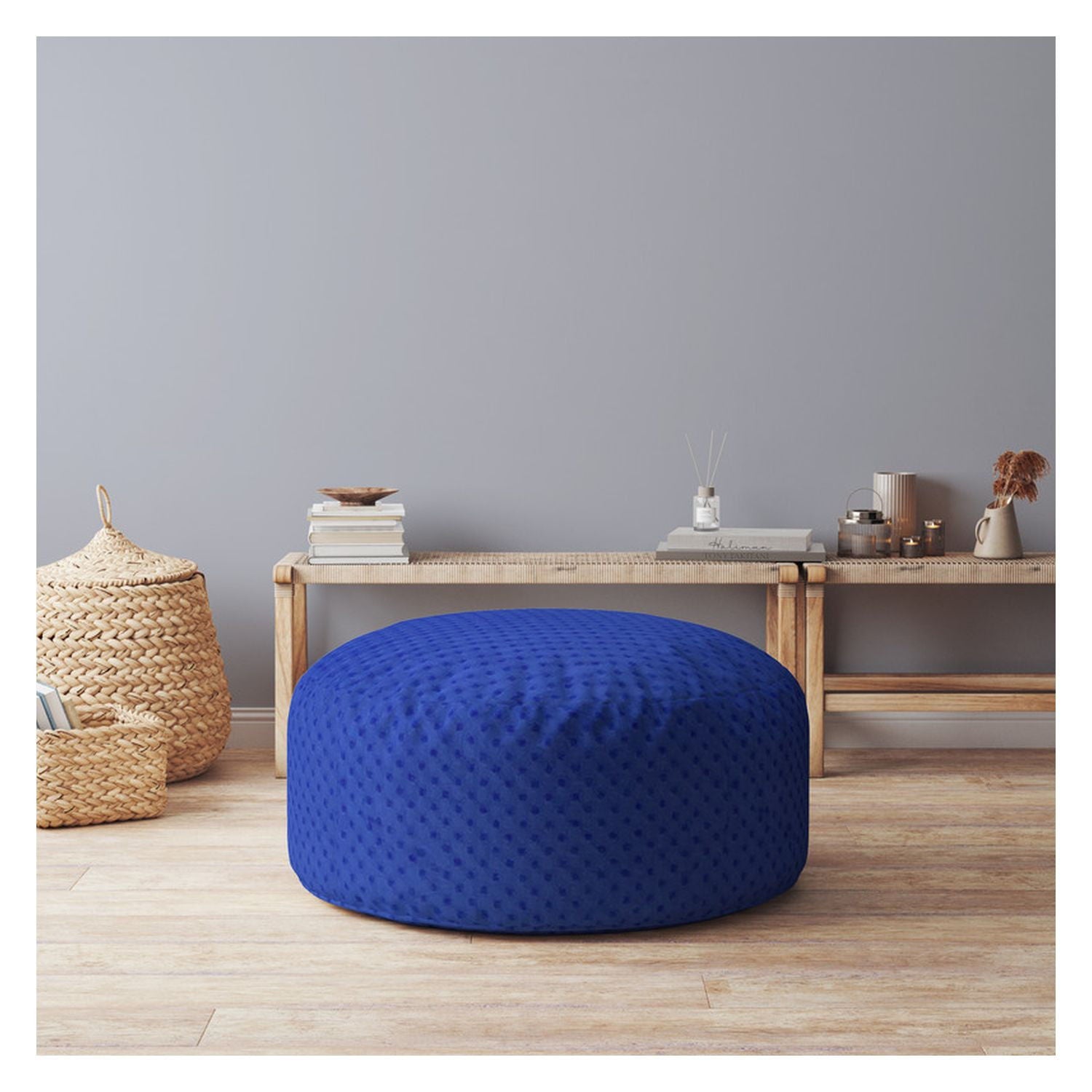 Polyester Round Pouf Ottoman - Blue