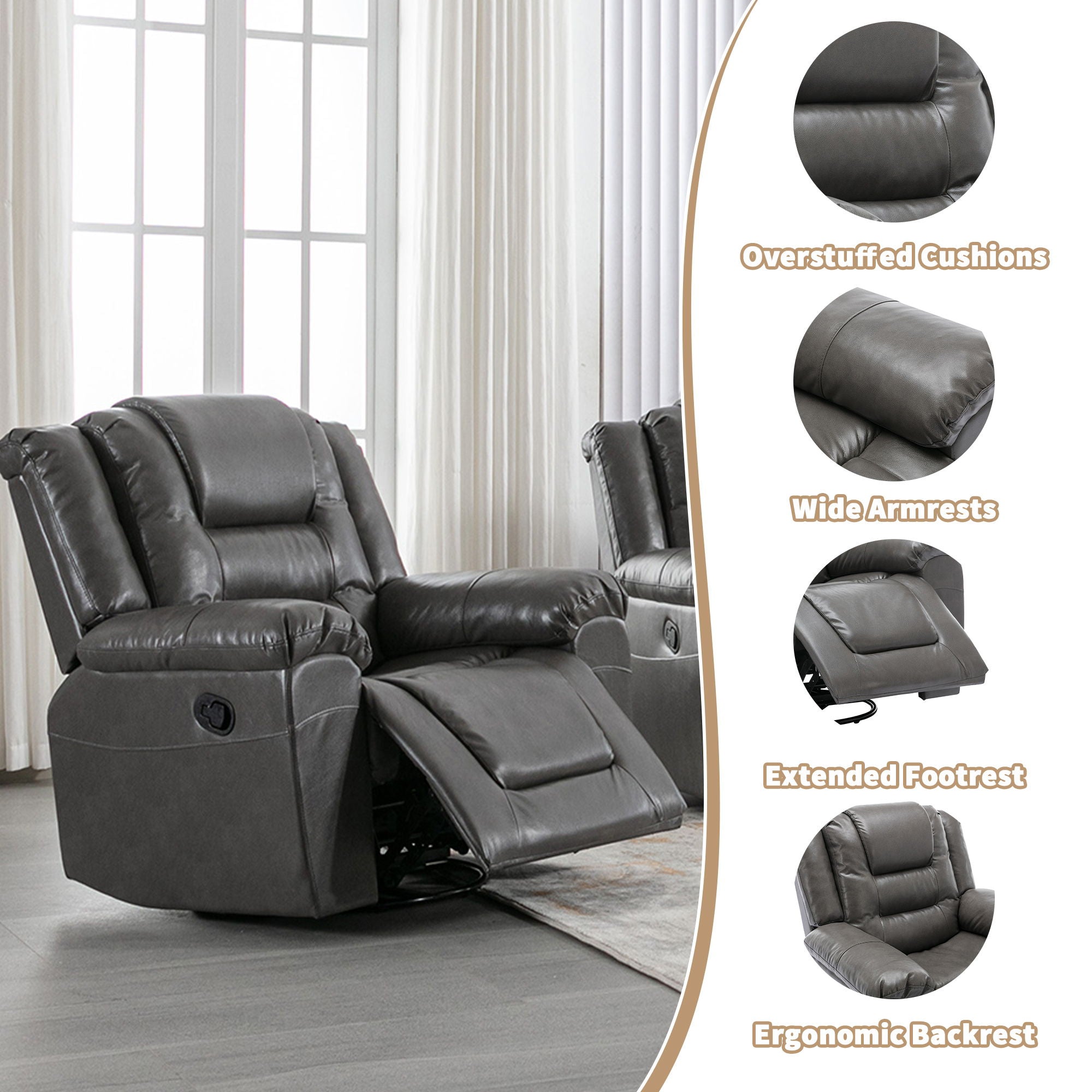 Home Theater Recliner Set Manual Recliner Chair With Wide Armrest, Two Built-In Cup Holders For Living Room