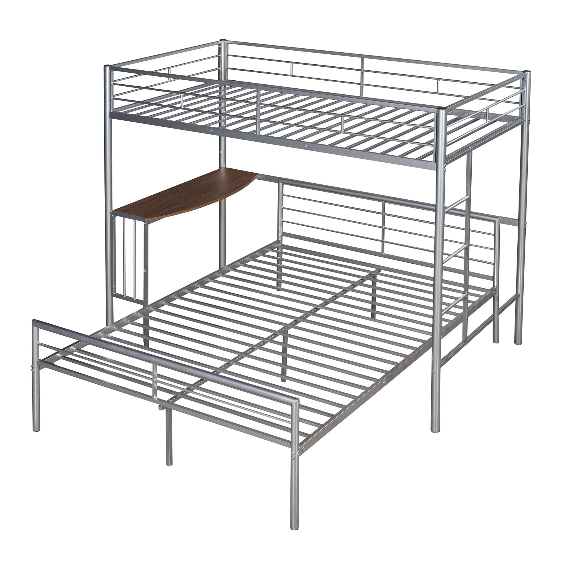 Twin Over Full Metal Bunk Bed With Desk, Ladder And Quality Slats For Bedroom - Silver