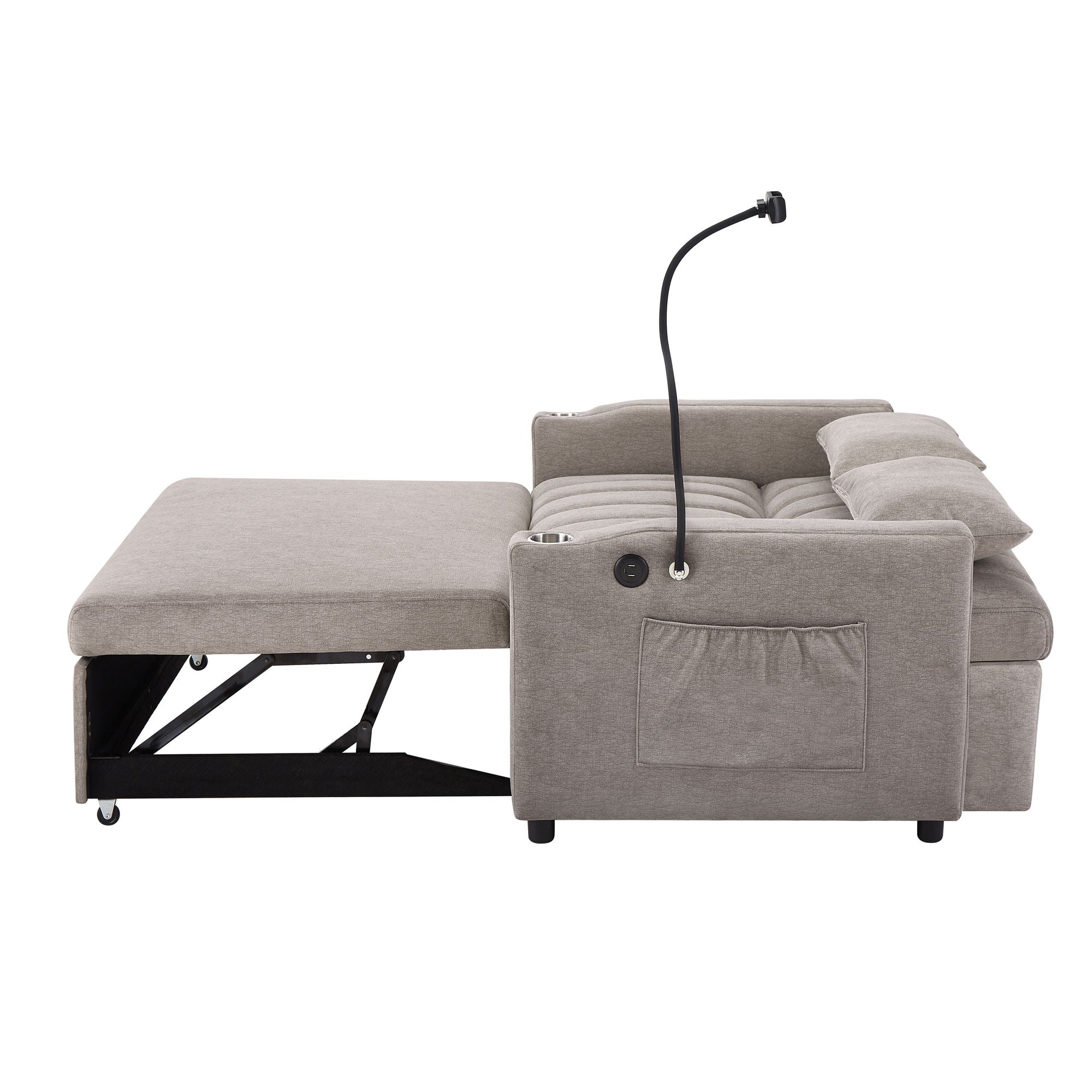 Convertible Sofa Bed Loveseat Sofa With Three USB Ports, Two Side Pockets, Two Cup Holders And 360° swivel Phone Holder For Living Room