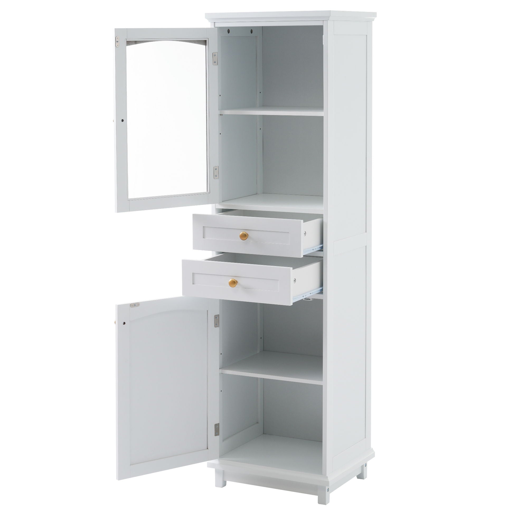 Tall Bathroom Storage Cabinet With Glass Doors, Free-Standing, Two Drawers, And Adjustable Shelves, MDF Board, Painted Perfect For Displaying Your Favorite Items