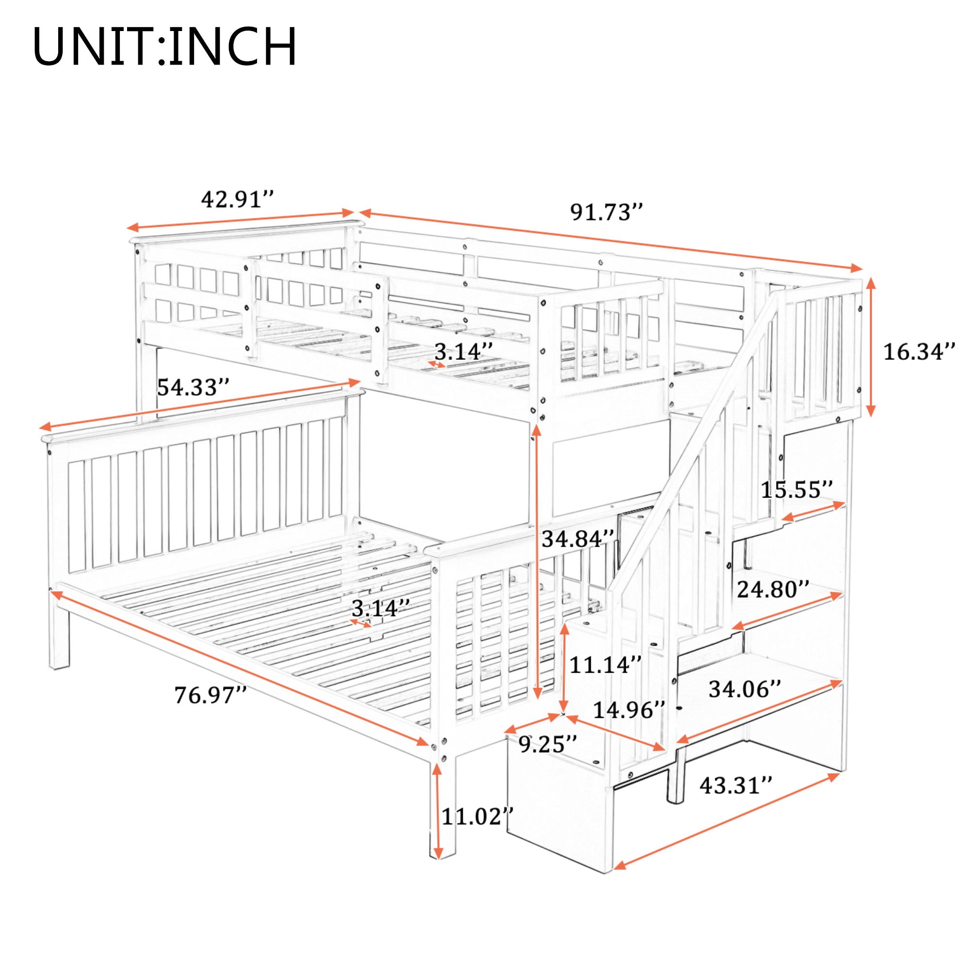 Stairway Bunk Bed With Storage And Guard Rail For Bedroom