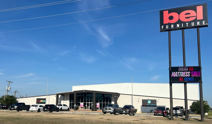 Bel Furniture store exterior with clear blue sky