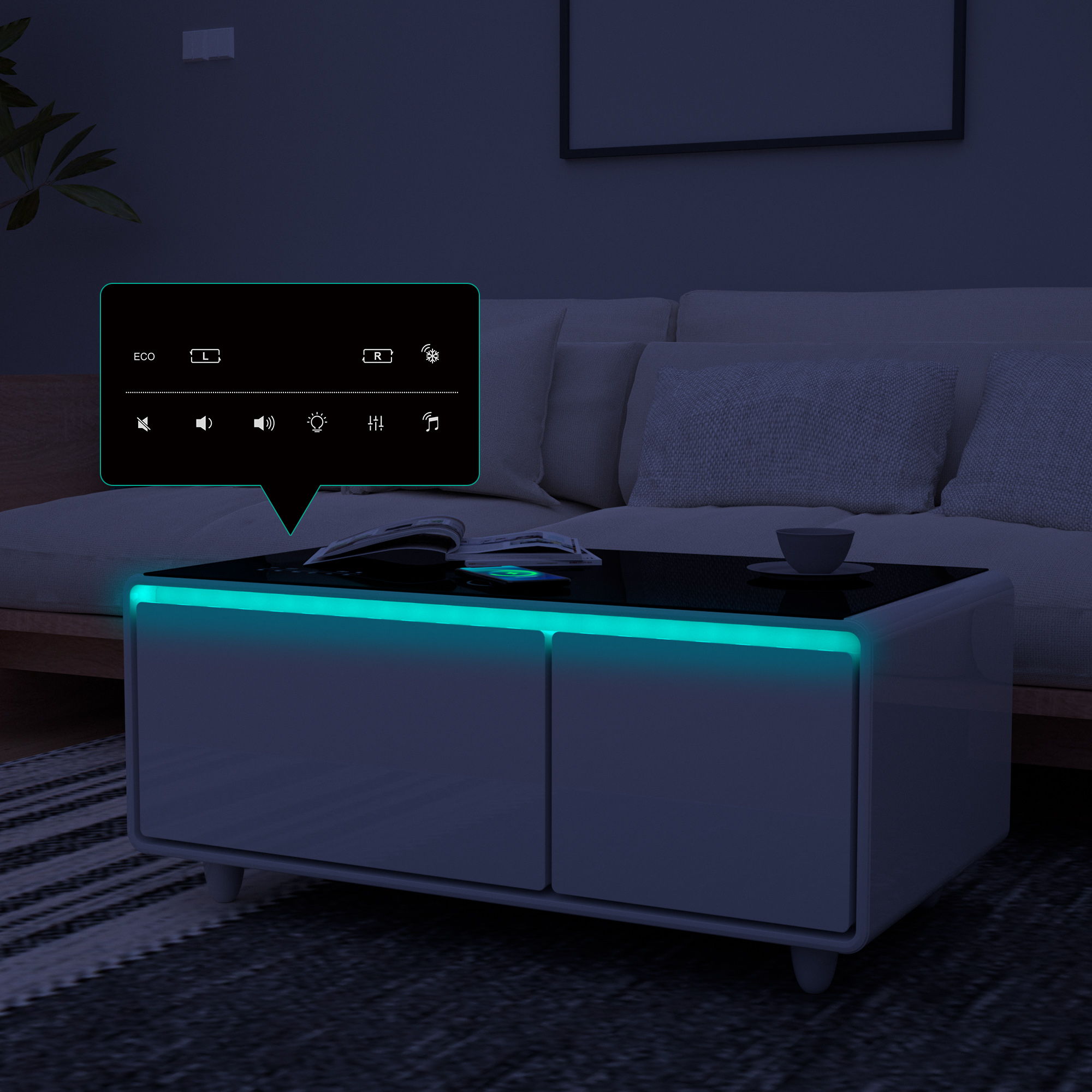 Modern Smart Coffee Table With Built-In Fridge - Bluetooth Speaker, Wireless Charging, Touch Control Panel, USB Interface, Outlet Protection, Atmosphere Light