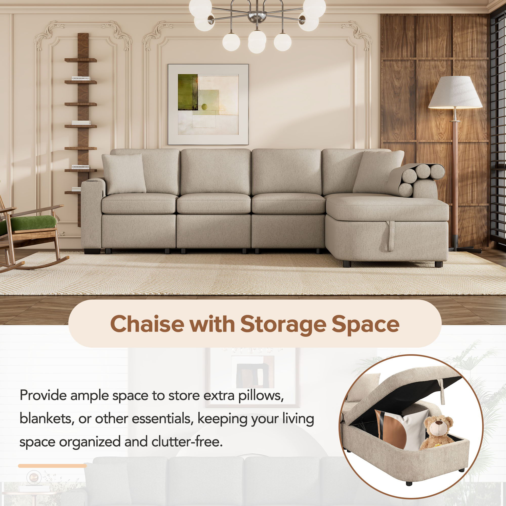 L-Shaped Couch Sectional Sofa With Storage Chaise, Cup Holder And USB Ports For Living Room