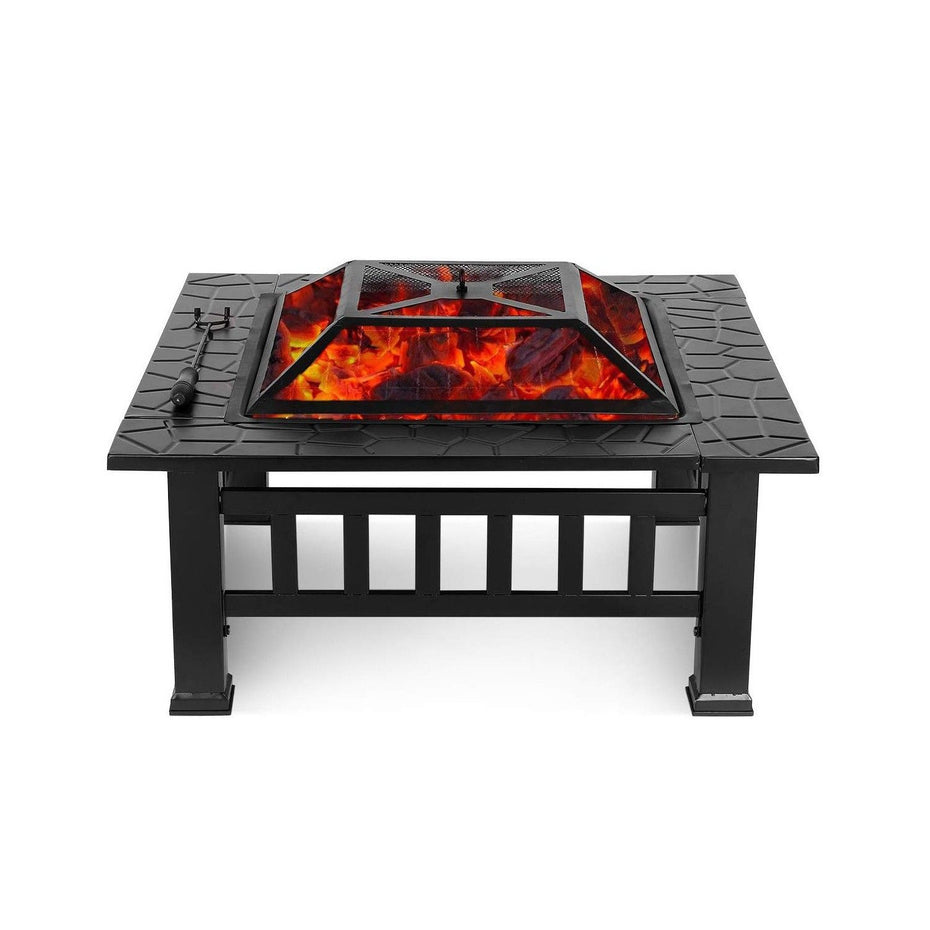 Square Charcoal Or Wood Burning Fire Pit With Cover - Black