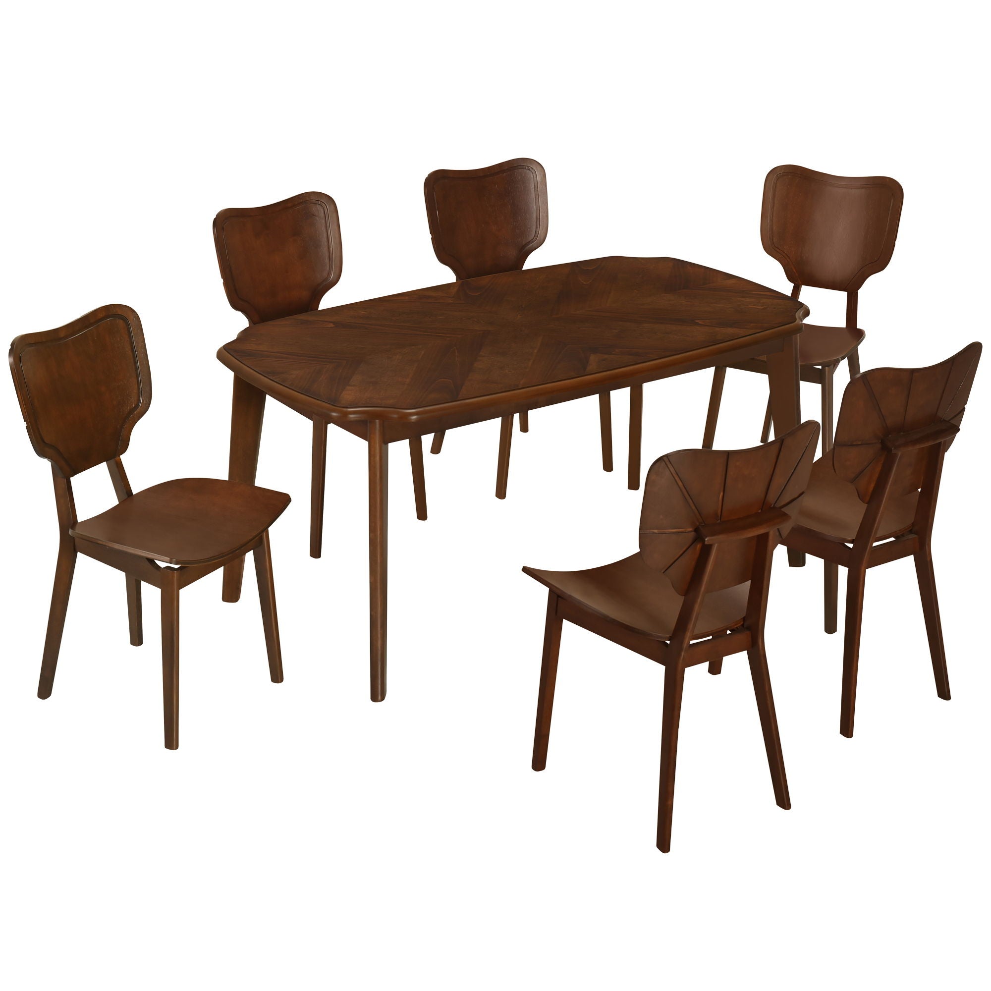 Topmax - 7 Piece Vintage Dining Table Set With 6 Dining Chairs, Kitchen Table Set For 6 With Curved Back And Seat