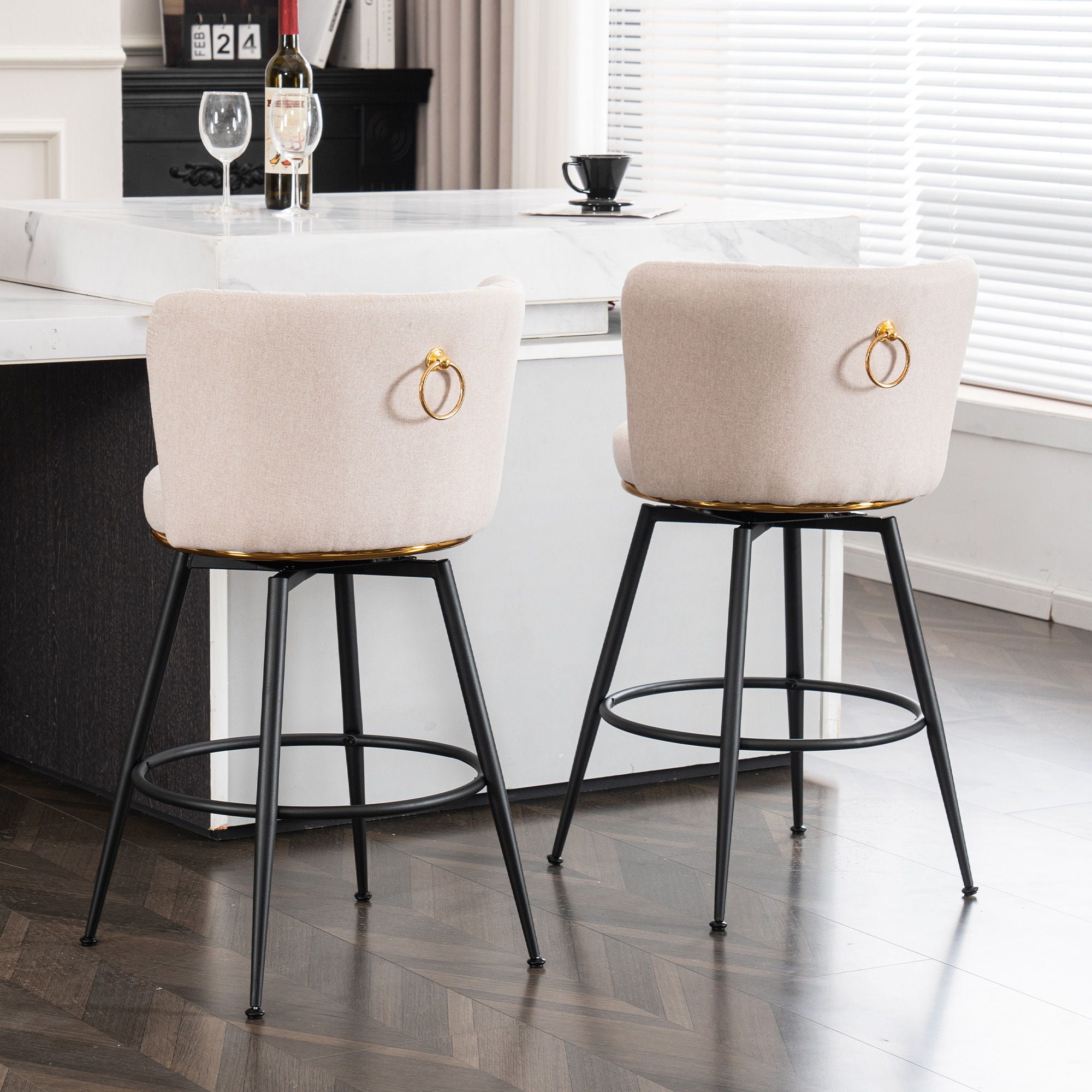 Swivel Bar Stools, High-Back, Adjustable, Upholstered With Elegant Metal Back Accents For Kitchen, Bar, Or Dining Room (Set of 2)