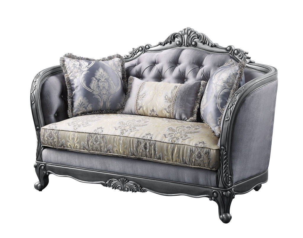 Silk Blend Loveseat And Toss Pillows - Gray / Platinum