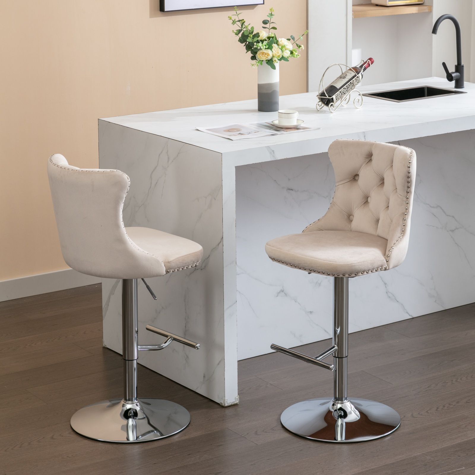 Swivel Velvet Barstools Adjusatble Seat Height From 25-33", Modern Upholstered Chrome Base Bar Stools With Backs Comfortable Tufted For Home Pub And Kitchen Island (Set of 2)