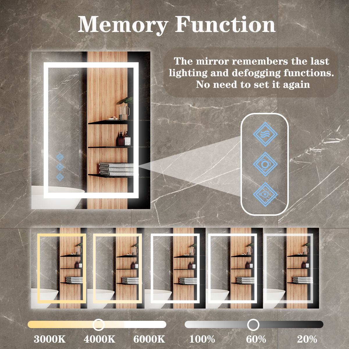 3000-6000K LED Bathroom Mirror With Lights, Anti-Fog Dimmable Lighted Wall Mounted Vanity Mirror Master Bath Modern Makeup (Only Mirrors, Not Cabinets) Horizontal & Vertical