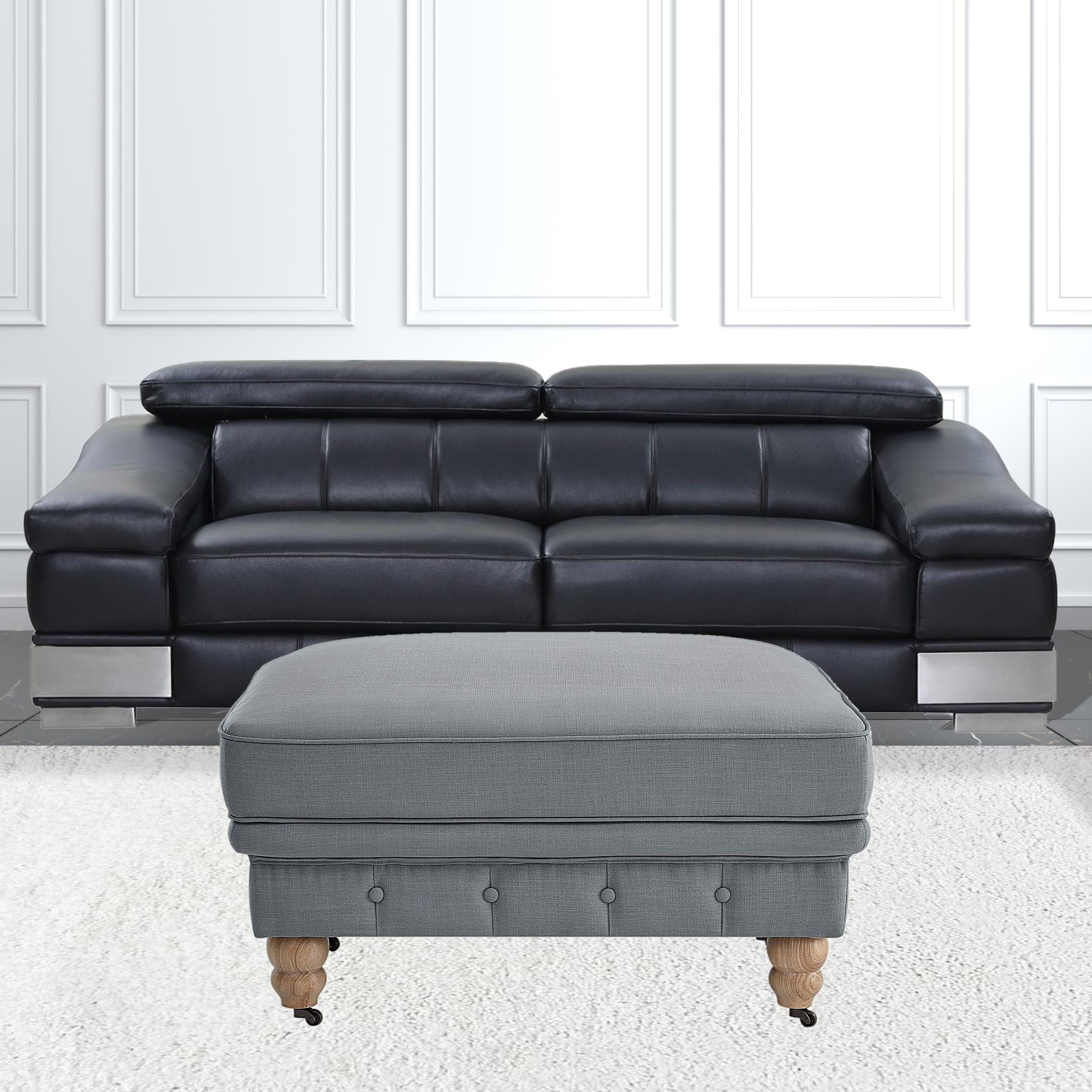 Linen And Natural Rolling Tufted Cocktail Ottoman - Gray