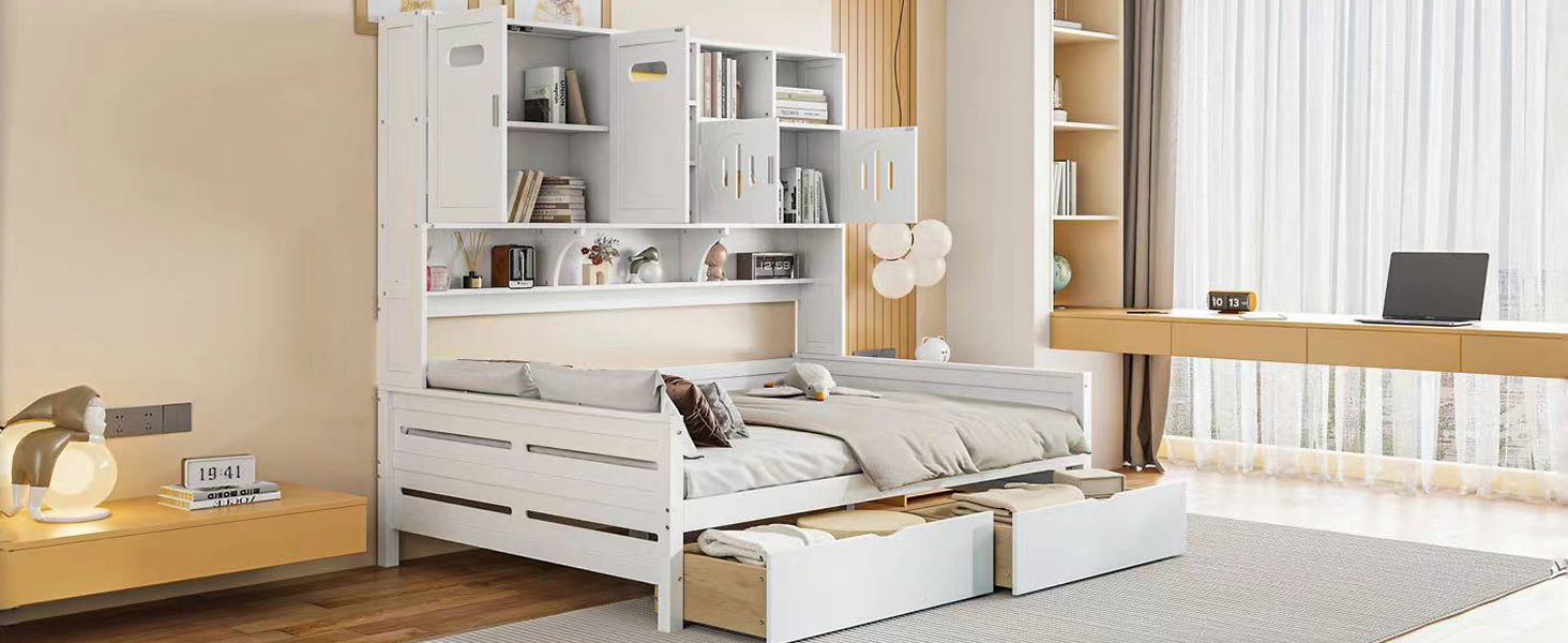 Wooden Daybed With 2 Drawers, And All-In-One Cabinet And Shelf