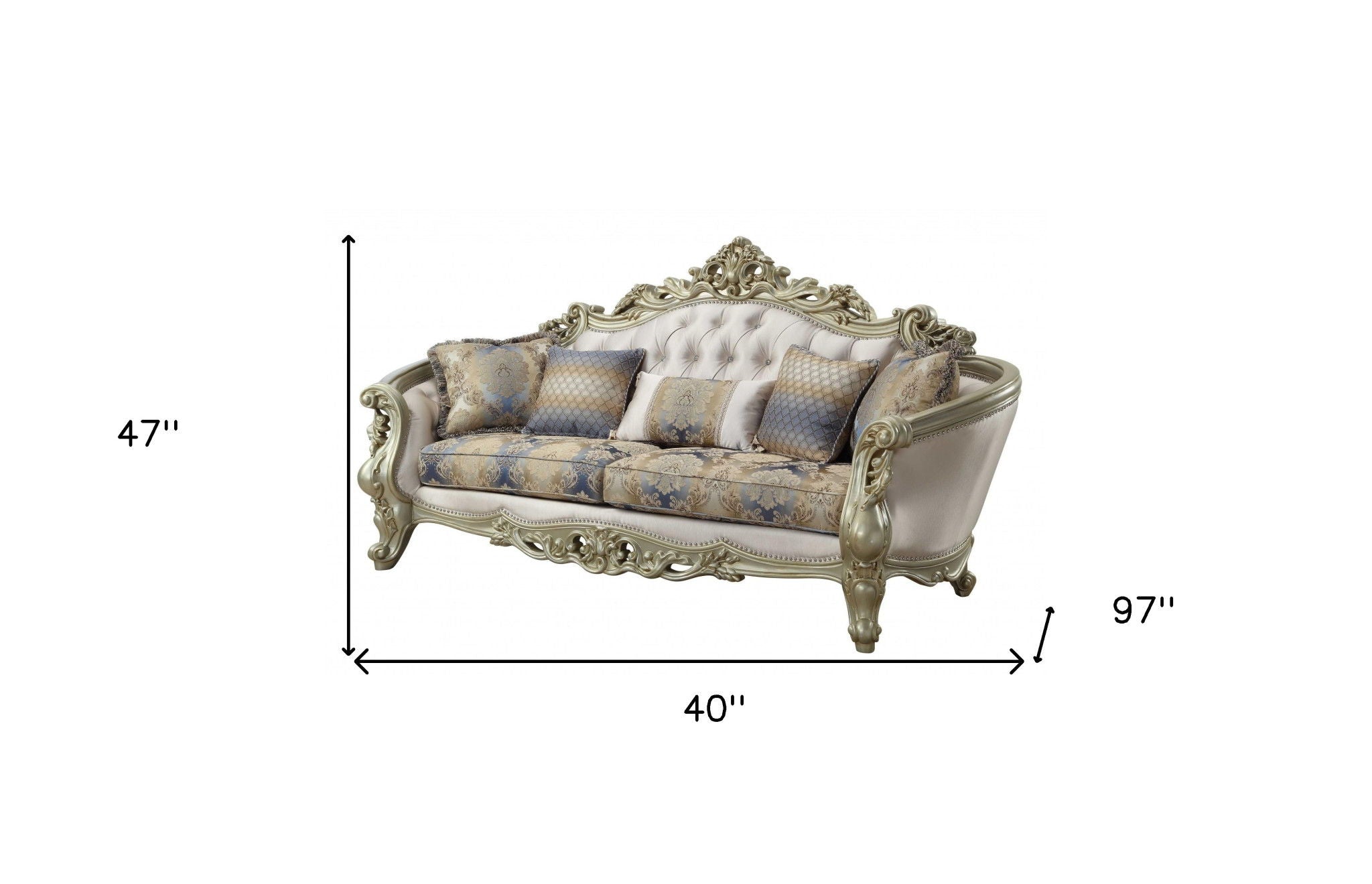 Velvet Curved Floral Sofa And Toss Pillows With Champagne Legs - Antiqued White