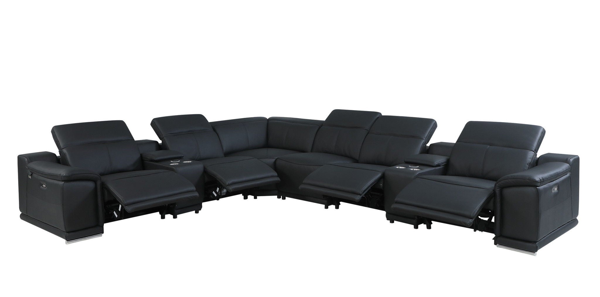 Italian Leather U Shaped Power Reclining Eight Piece Corner Sectional With Console - Black