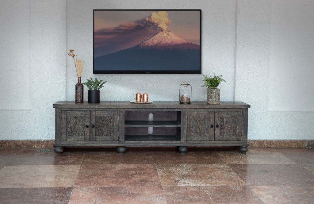 Solid Wood Cabinet Enclosed Storage Distressed TV Stand - Brown