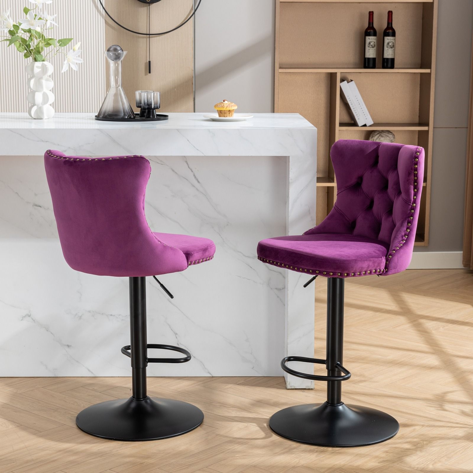 Swivel Velvet Barstools Adjusatble Seat Height, Modern Upholstered Bar Stools With Backs Comfortable Tufted For Home Pub And Kitchen Island (Set of 2)